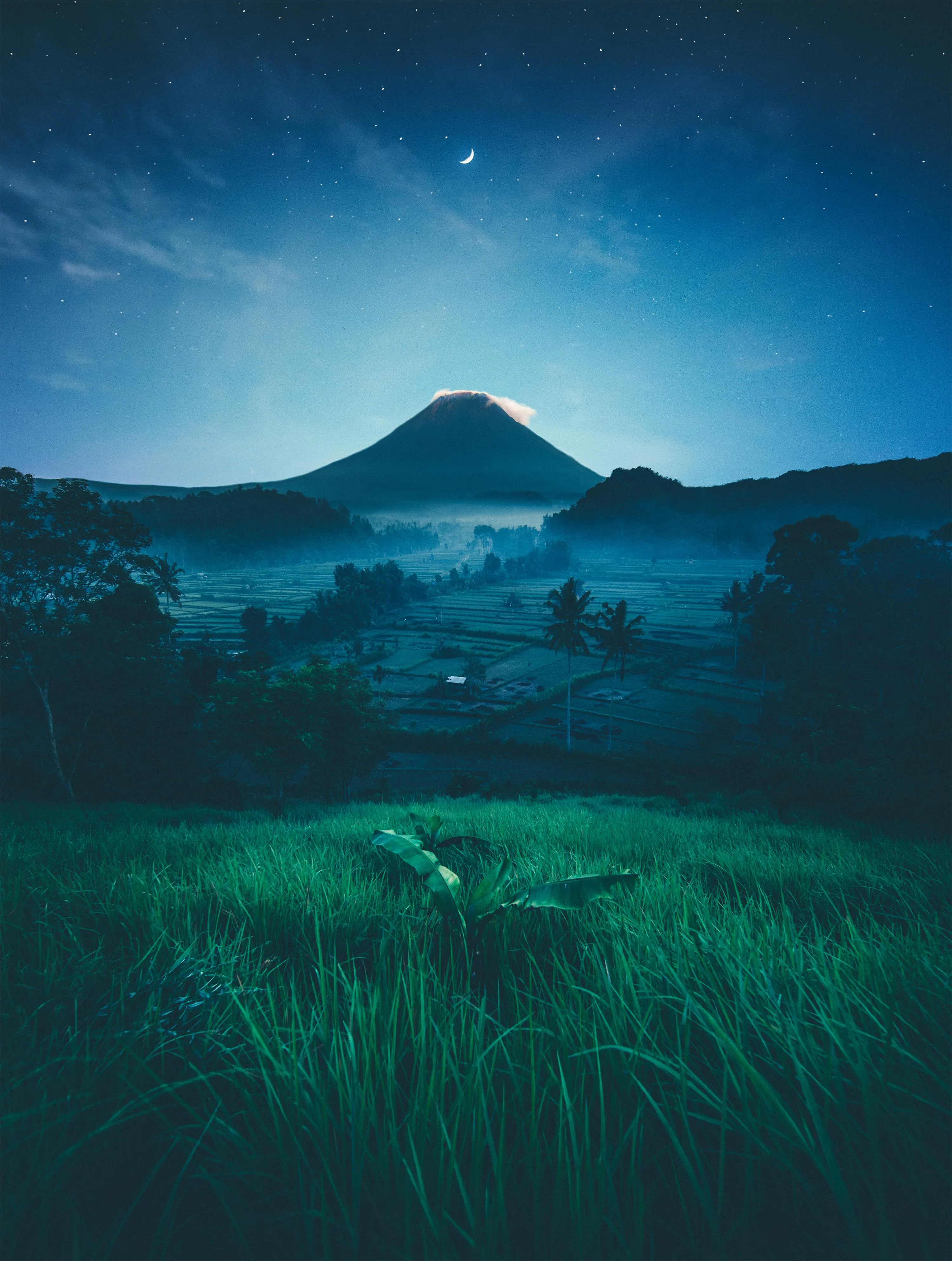 Mystical Night View of Mountain Under a Starry Sky Image