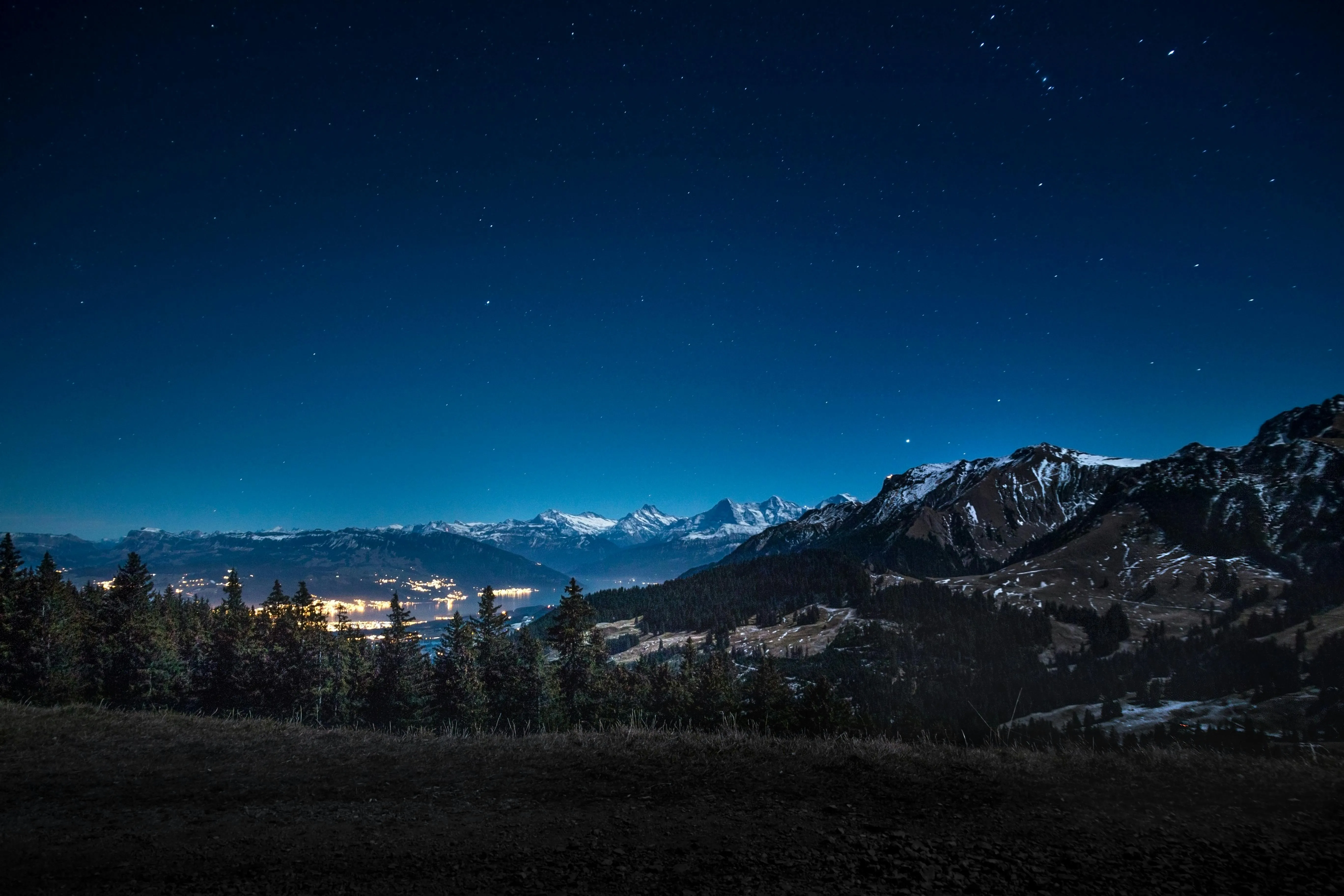 Night View of Mountains and Forest Beneath a Starry Sky