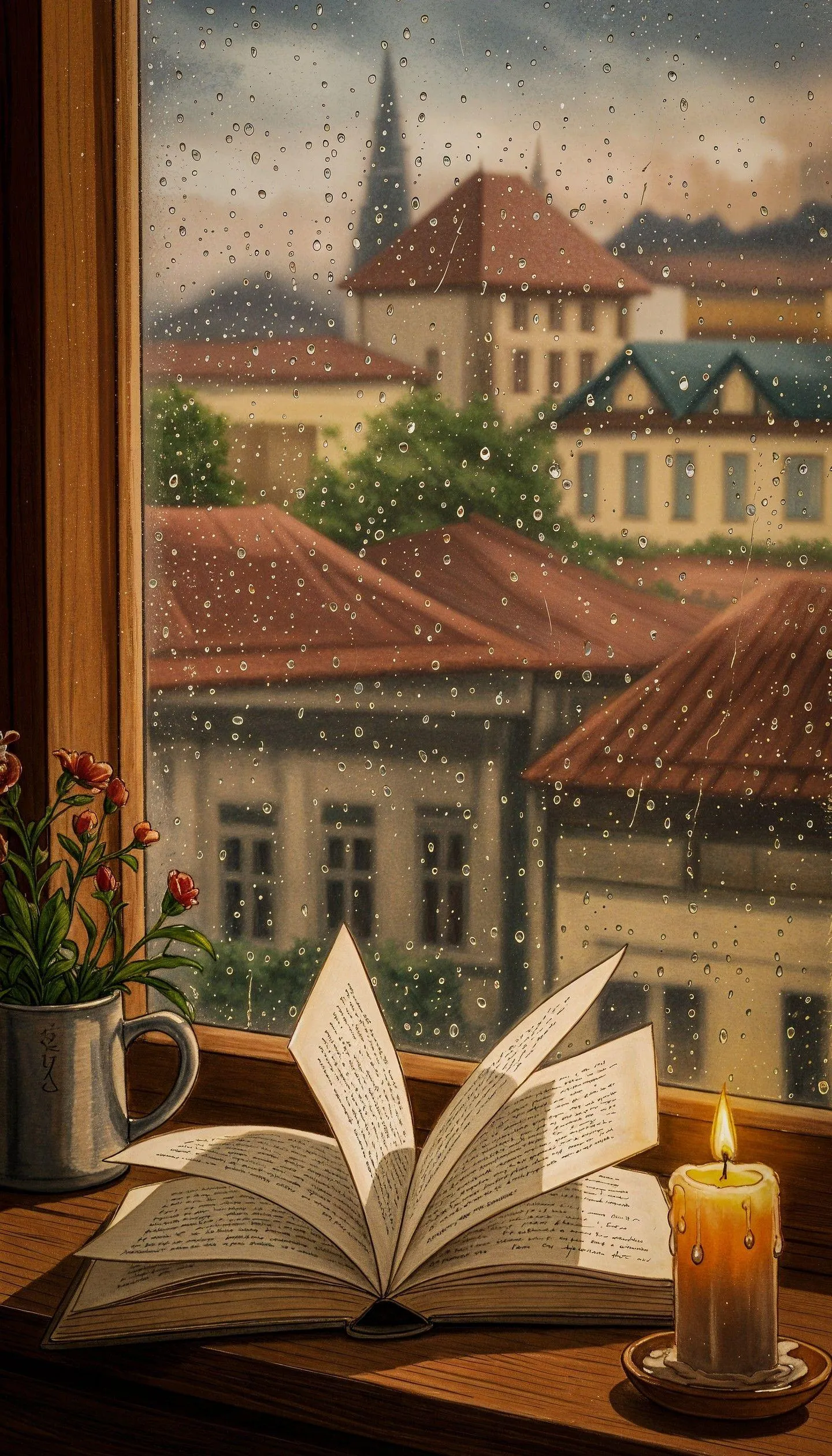 Painting with Rainy Window and Cozy Interiors Wallpaper