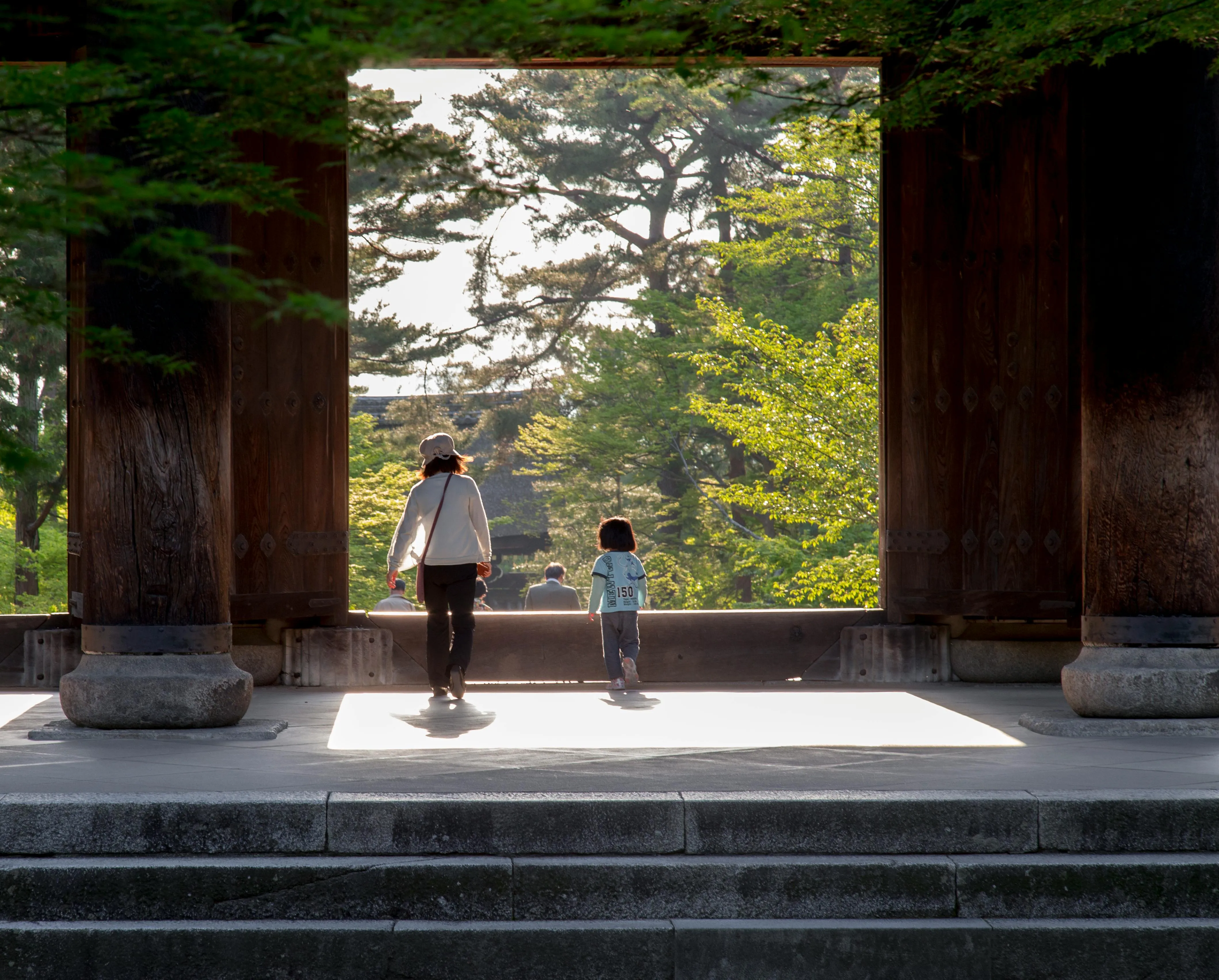 Parent and Child Standing Near Gate Looking At Forest View