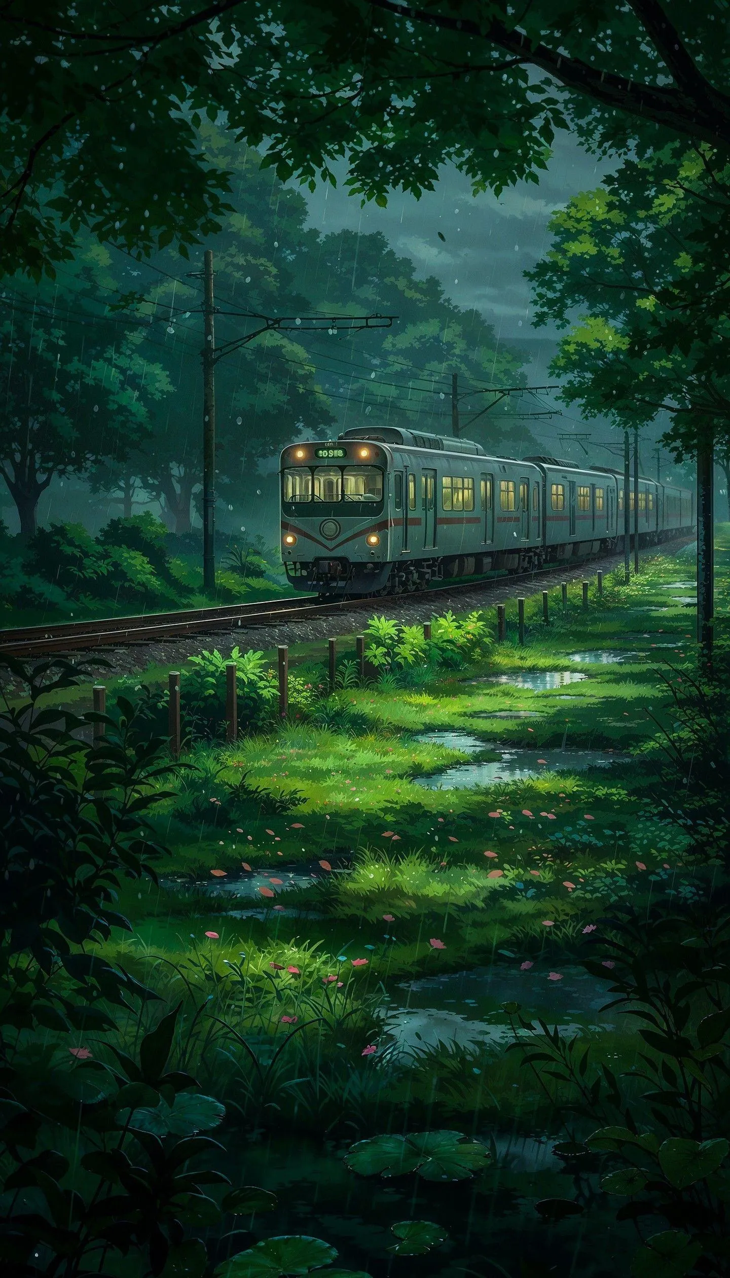 Peaceful Green Forest with Rain Droplets on Leaves