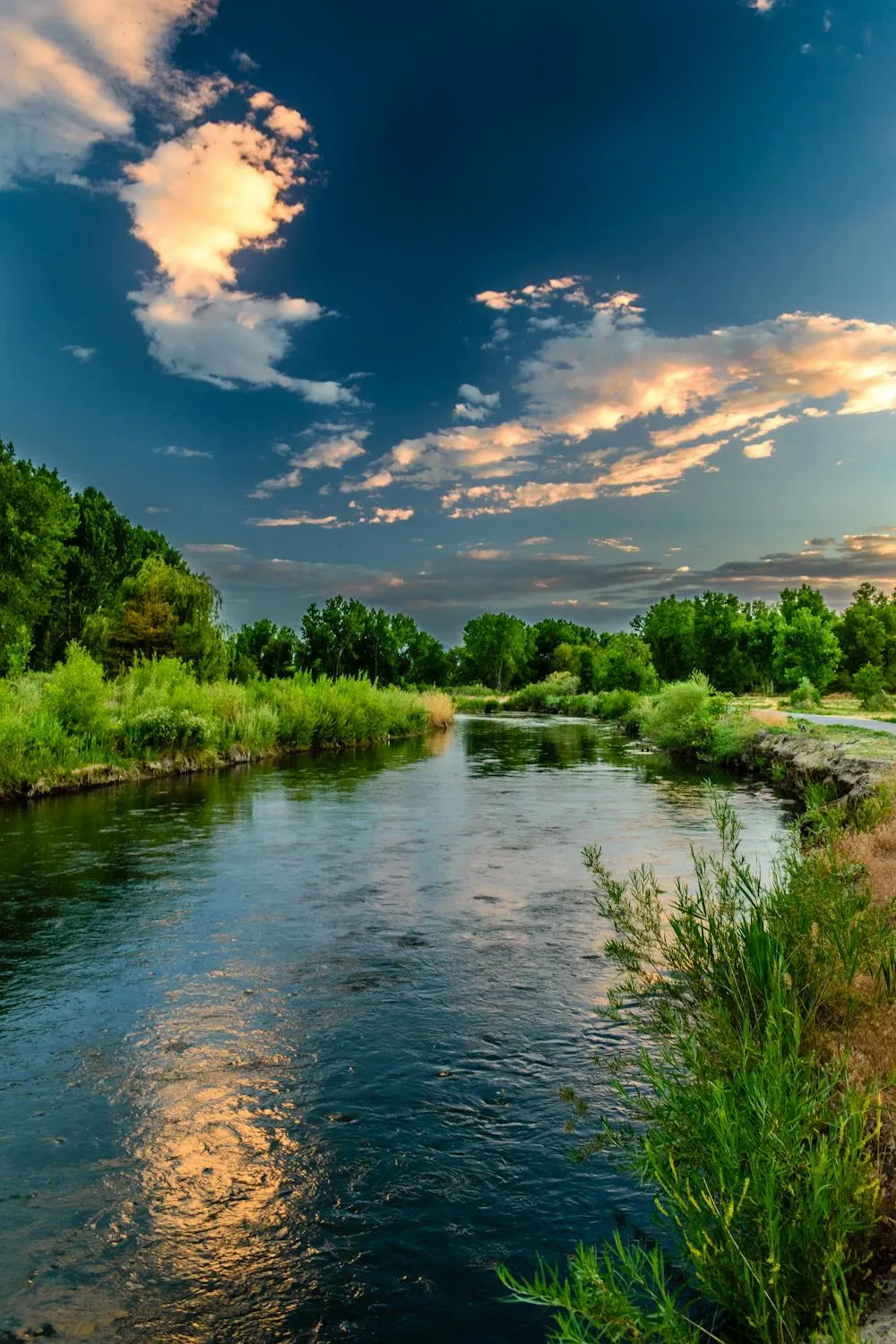 Peaceful River Reflecting Trees and Blue Sky Wallpaper