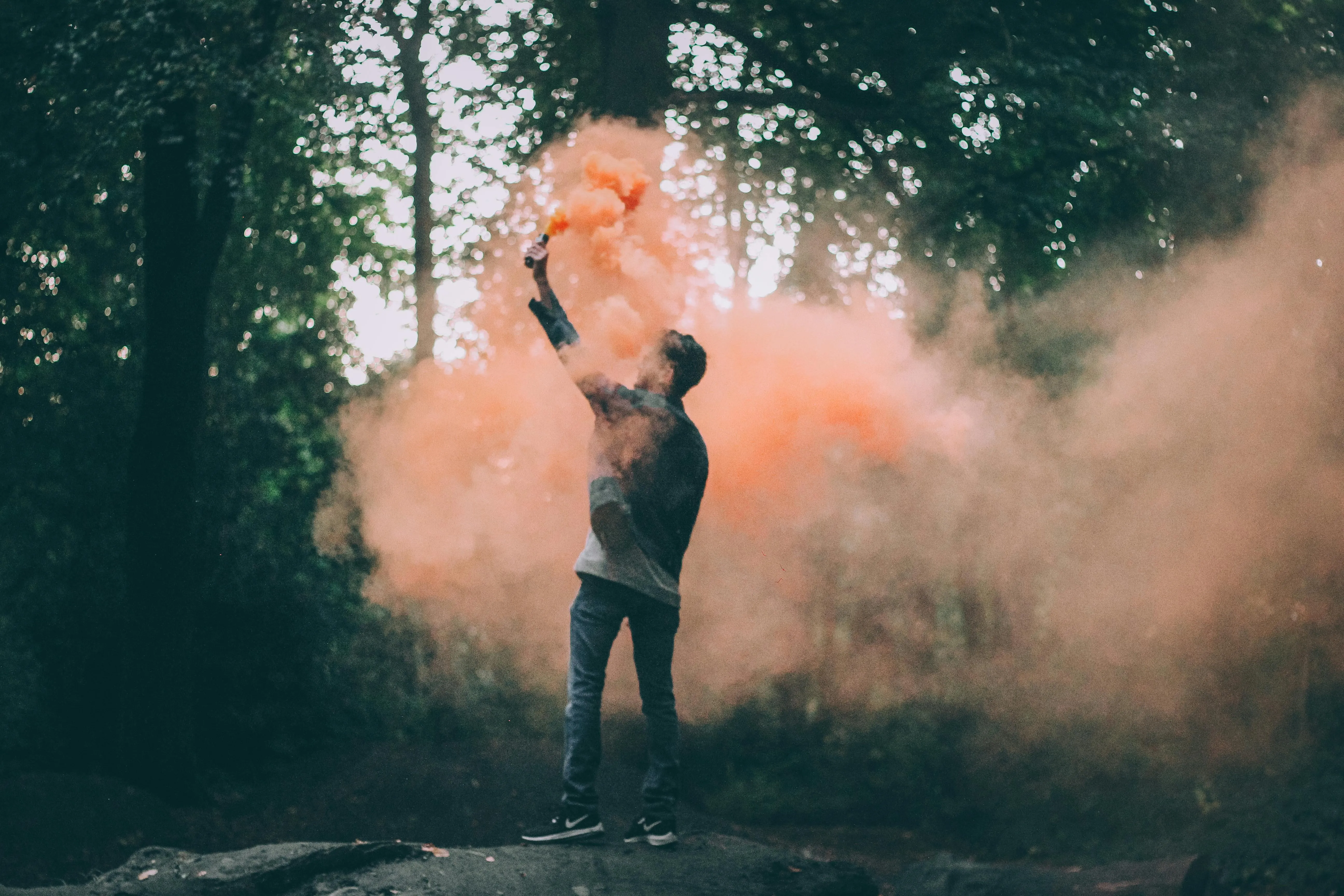 Person with Orange Smoke in a Dark Forest HD Free Wallpaper