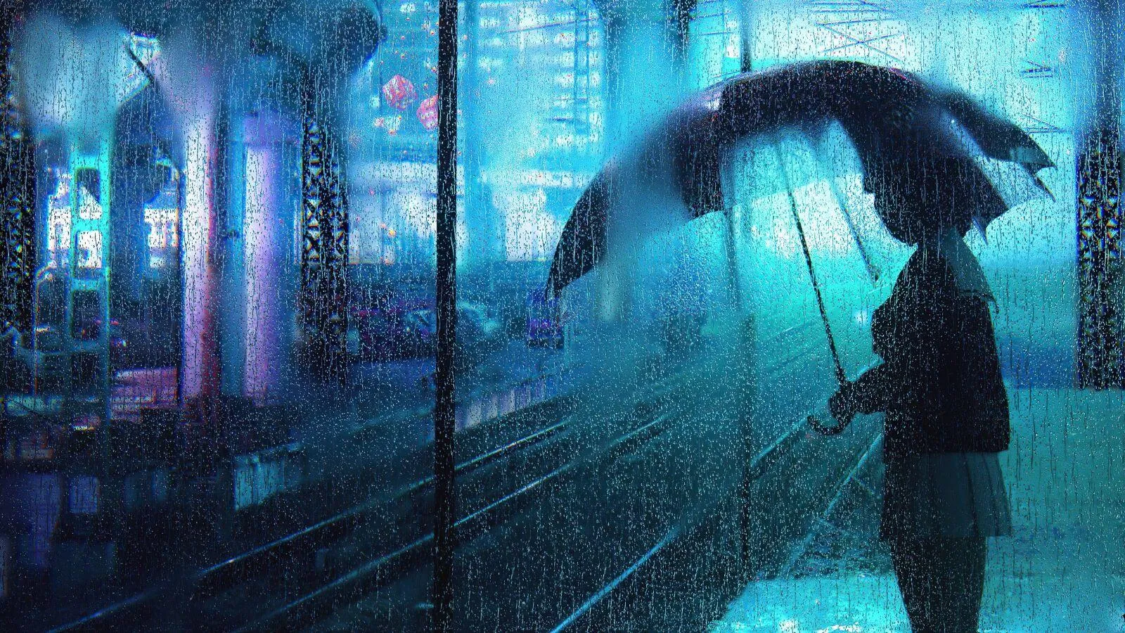 Person Walking with Umbrella in Blue Rainy Night