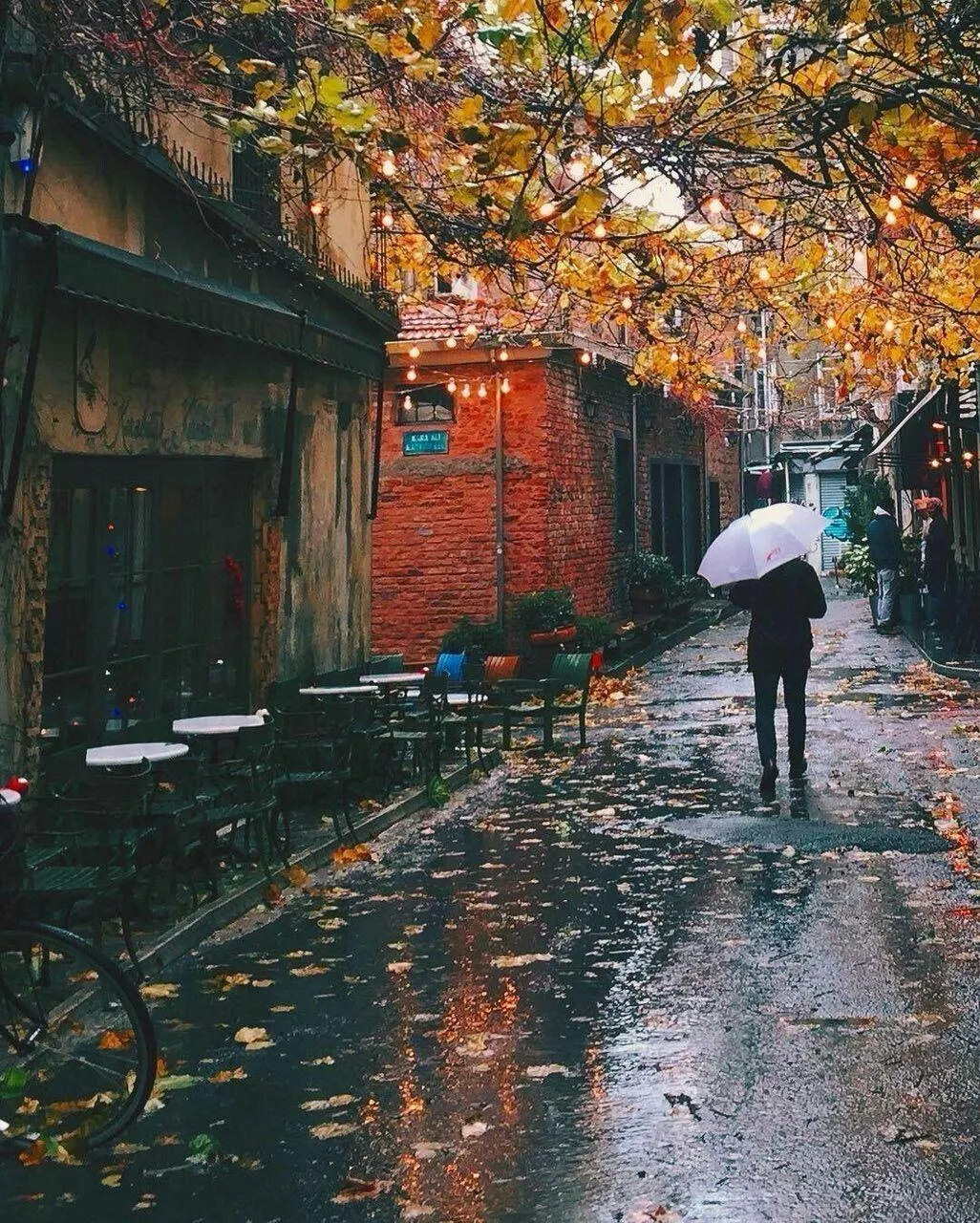 Person with Umbrella Walking Past Red House in Rain
