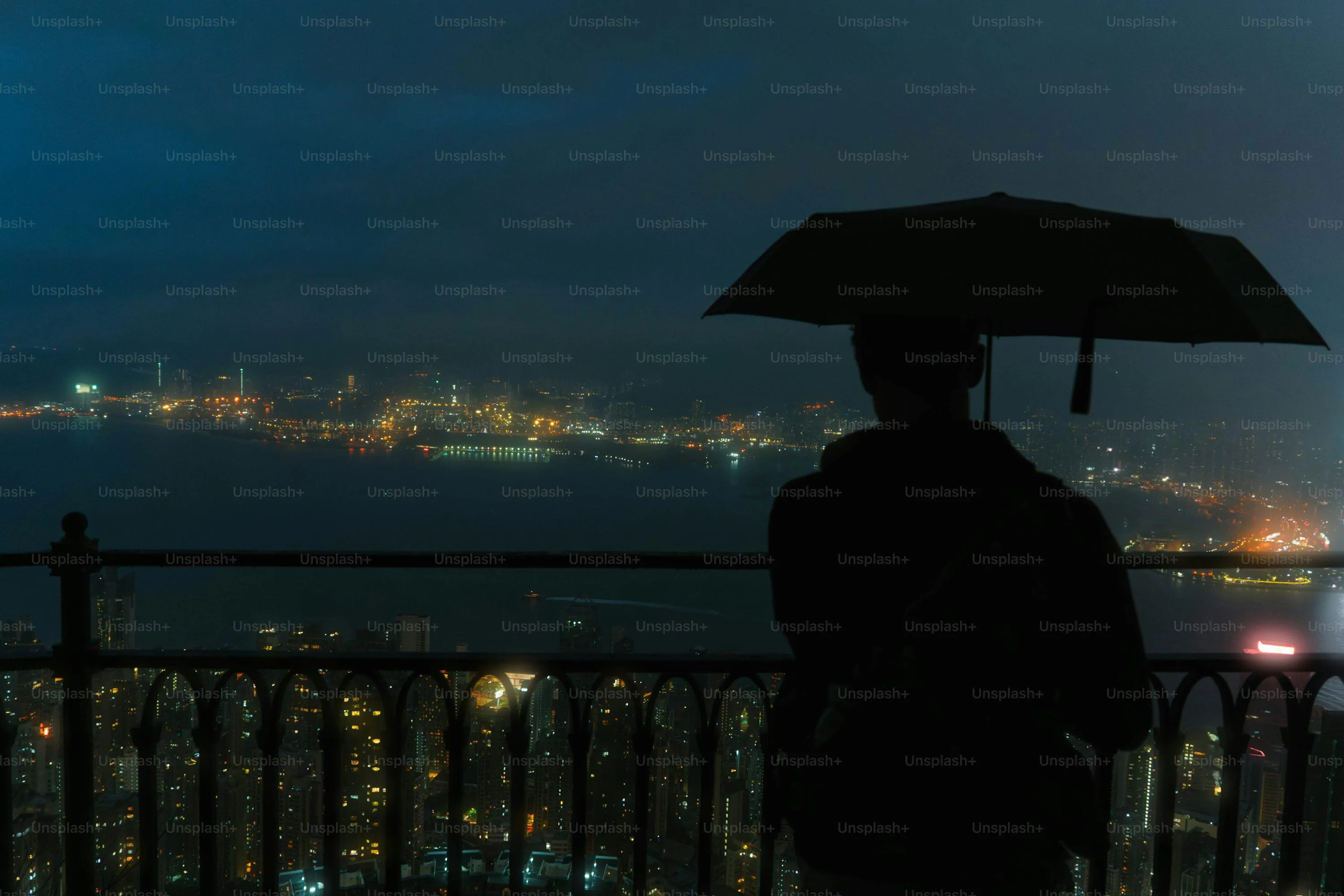 Person with Umbrella Watching Calm Lake in Rainy Dusk