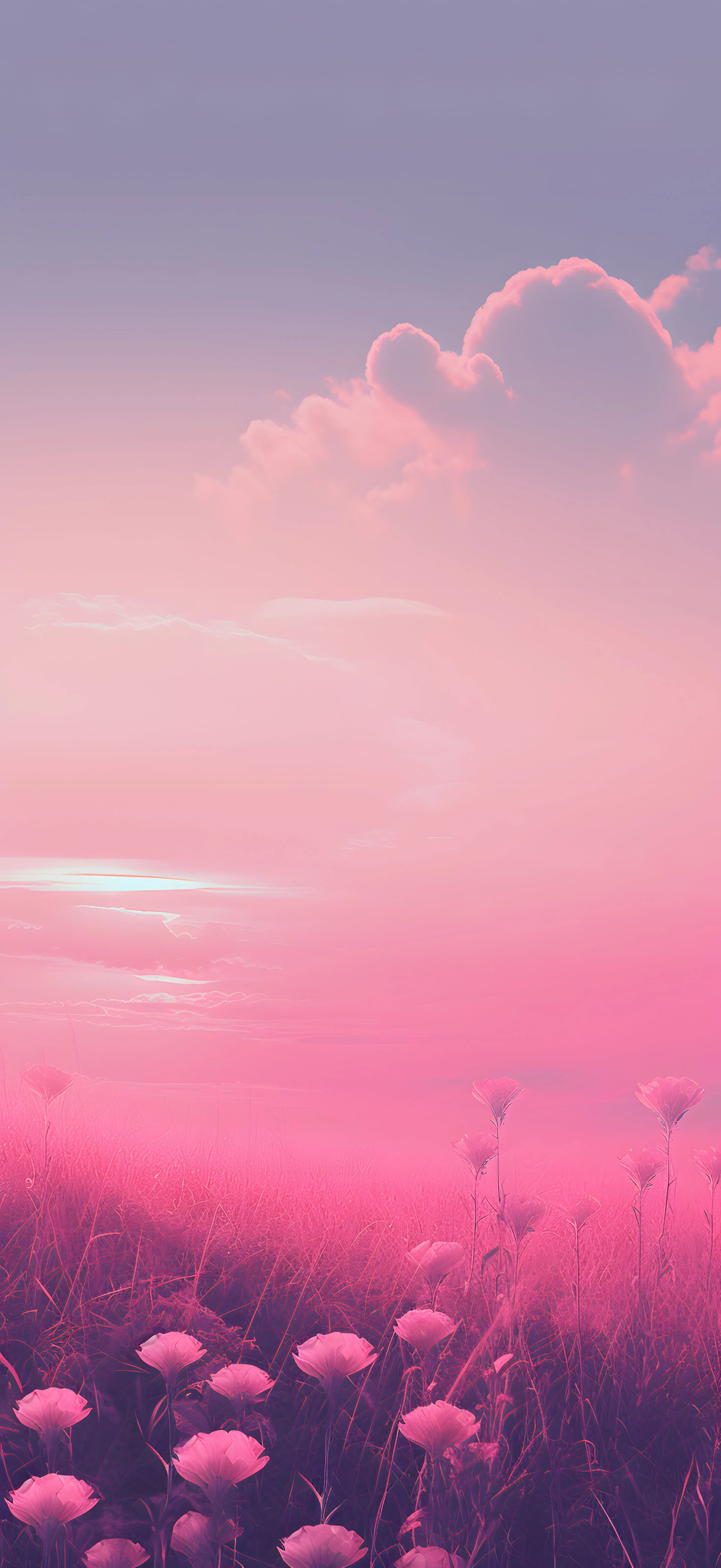 Pink Sky Over Meadow with Dreamy Scattered Clouds Wallpaper