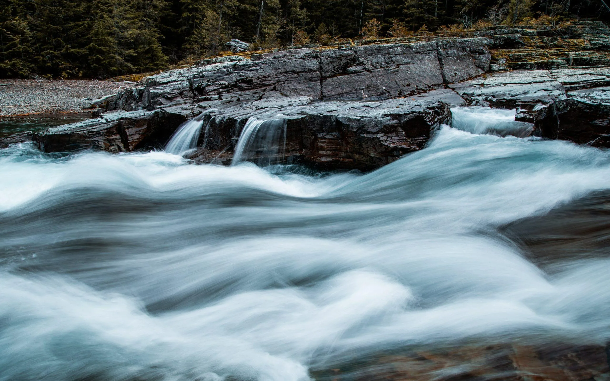 Powerful River Rapids Flowing Through Forest Rocks