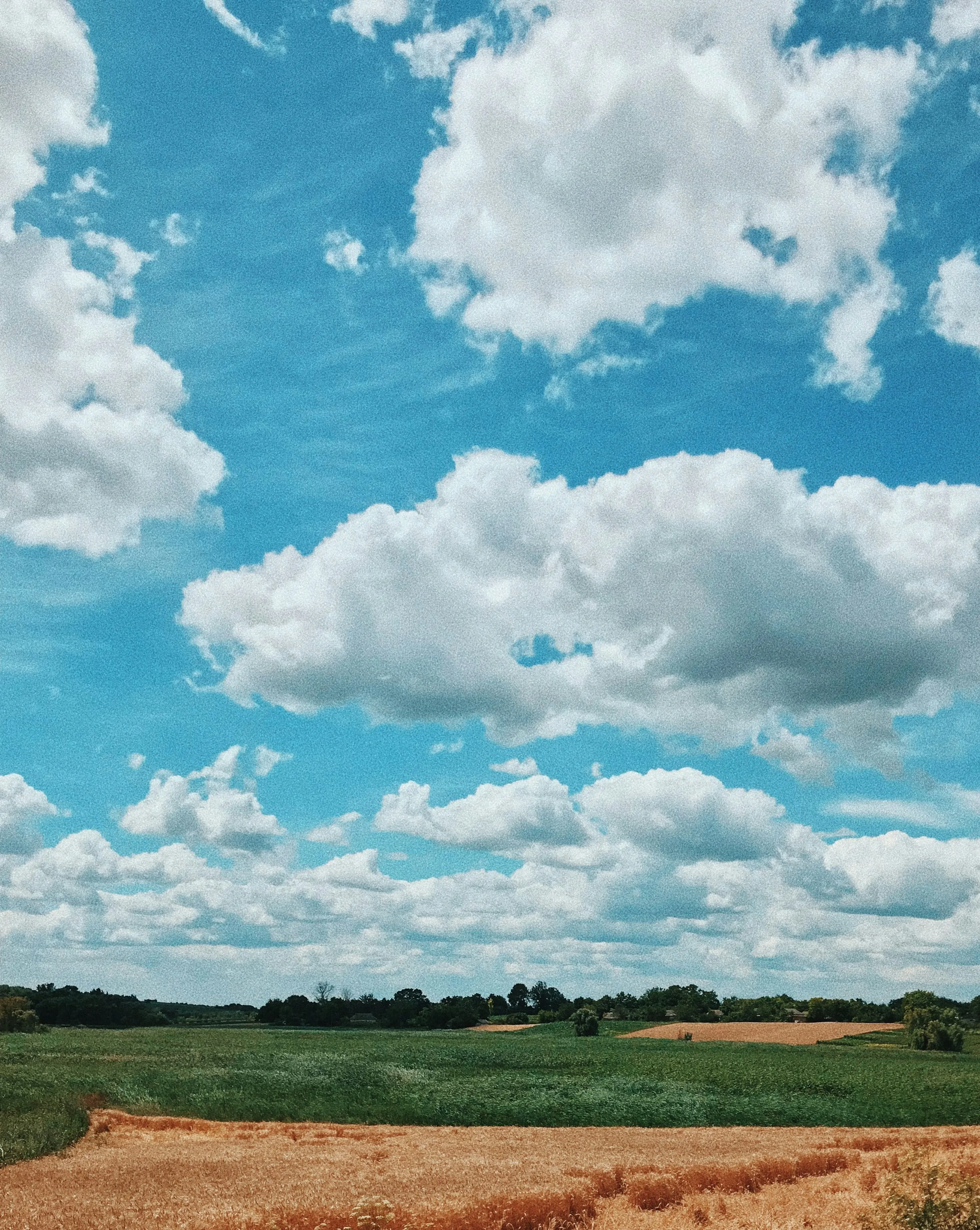 Puffy White Clouds Hovering Over Rural Farmland Image