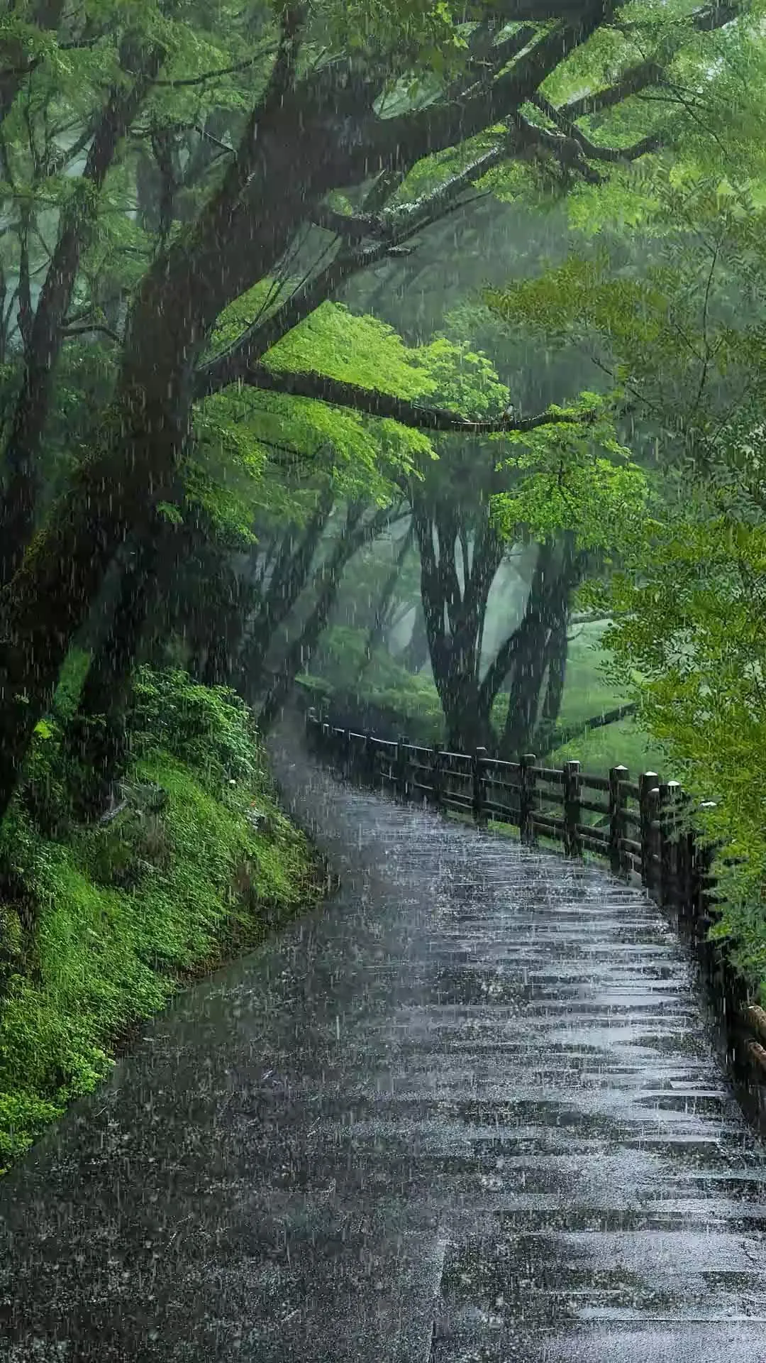Quiet Forest Trail Surrounded By Wet Green Trees