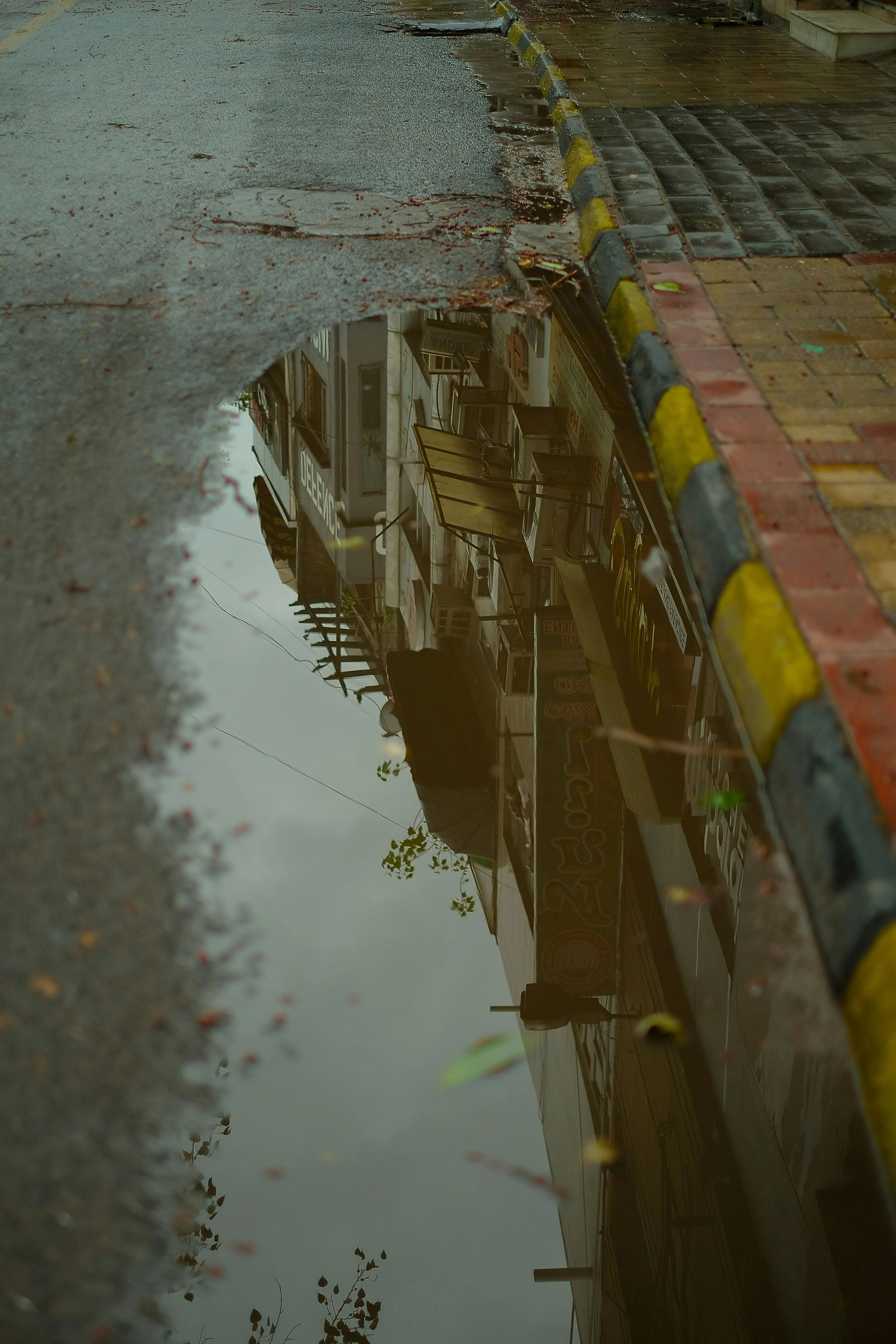 Rain Puddle Reflects Urban Street Shops and Buildings