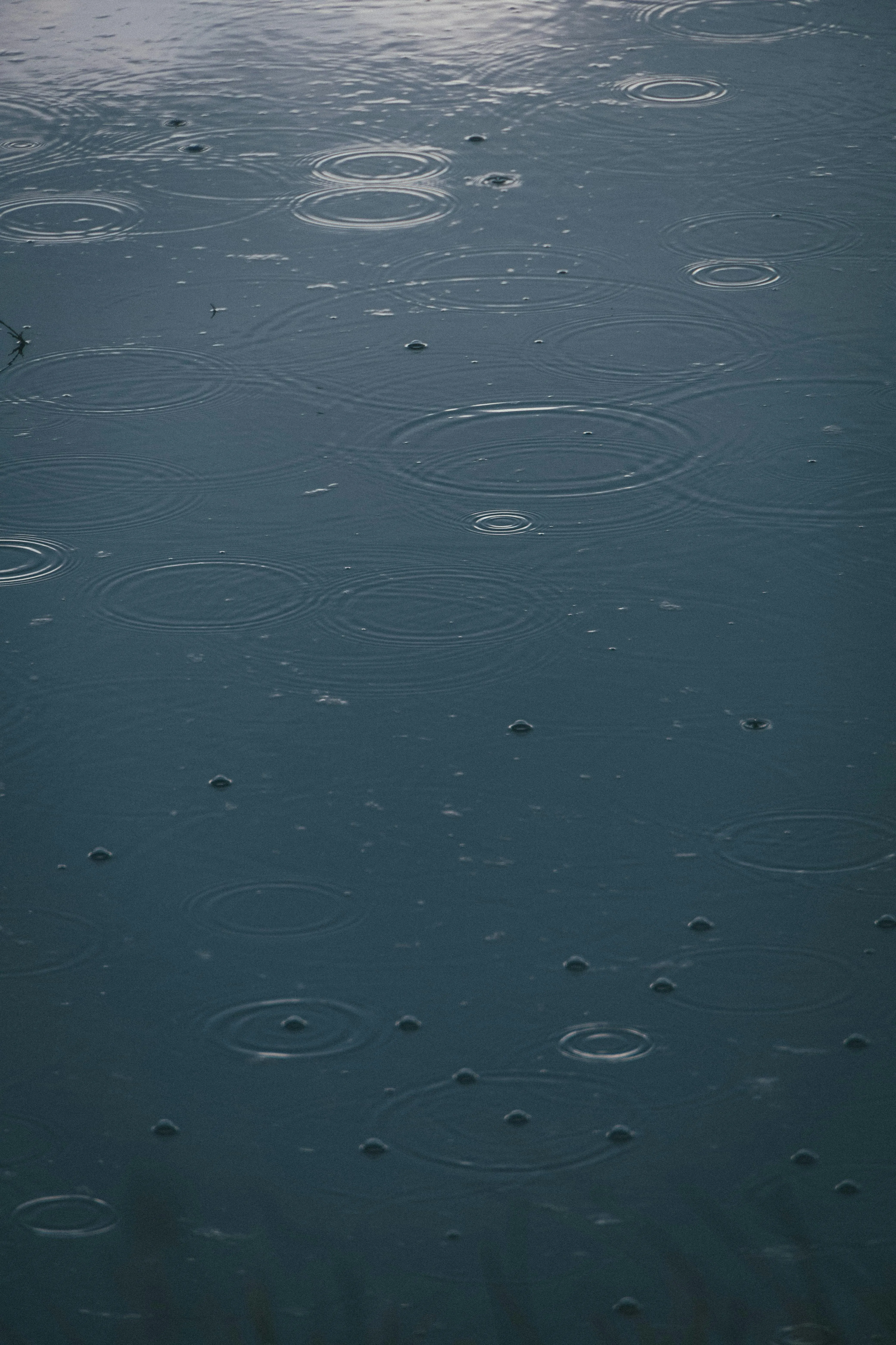 Rain Splashing on Dark Water Surface During Nightfall
