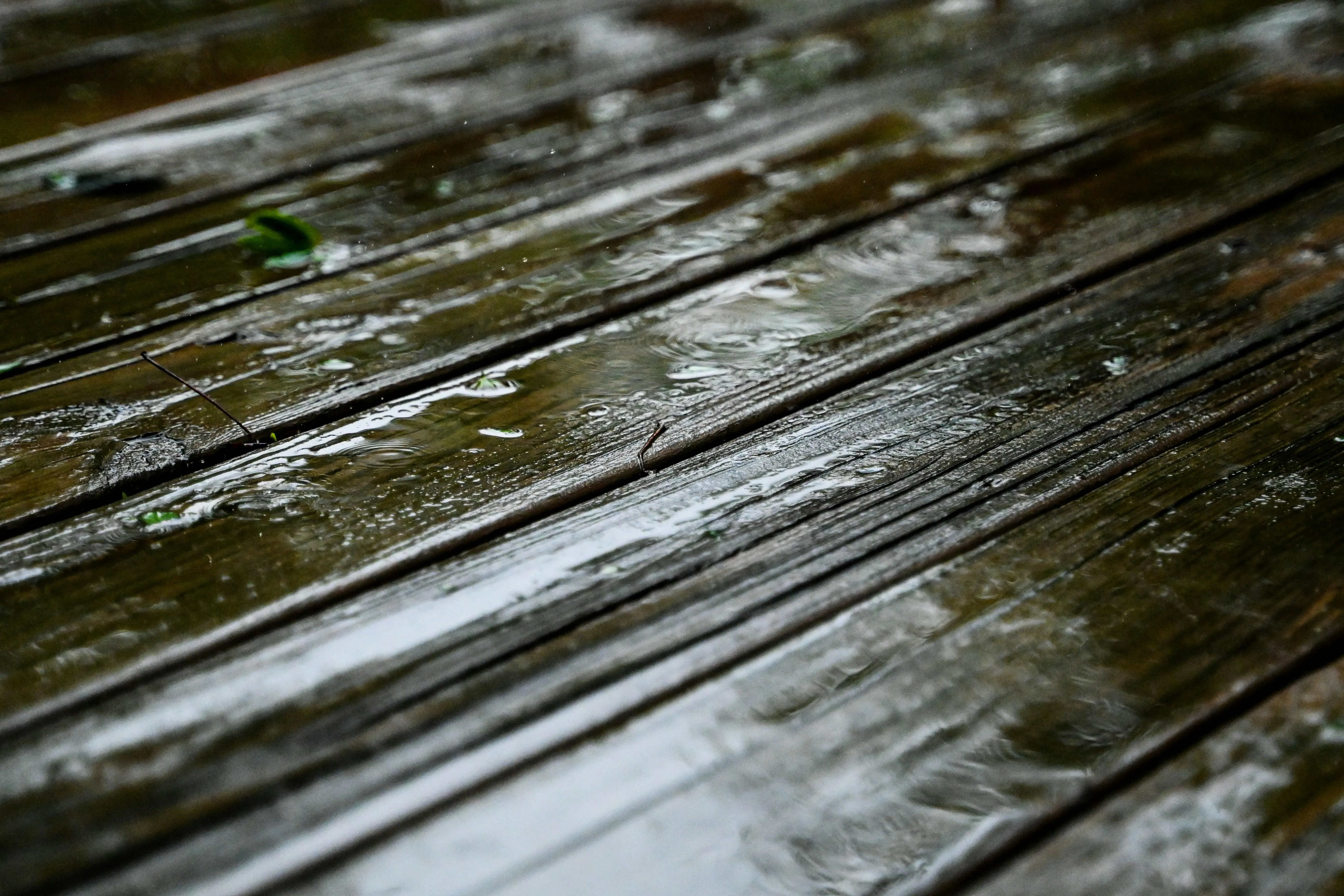 Rain Splashing on Wet Wooden Deck with Reflections