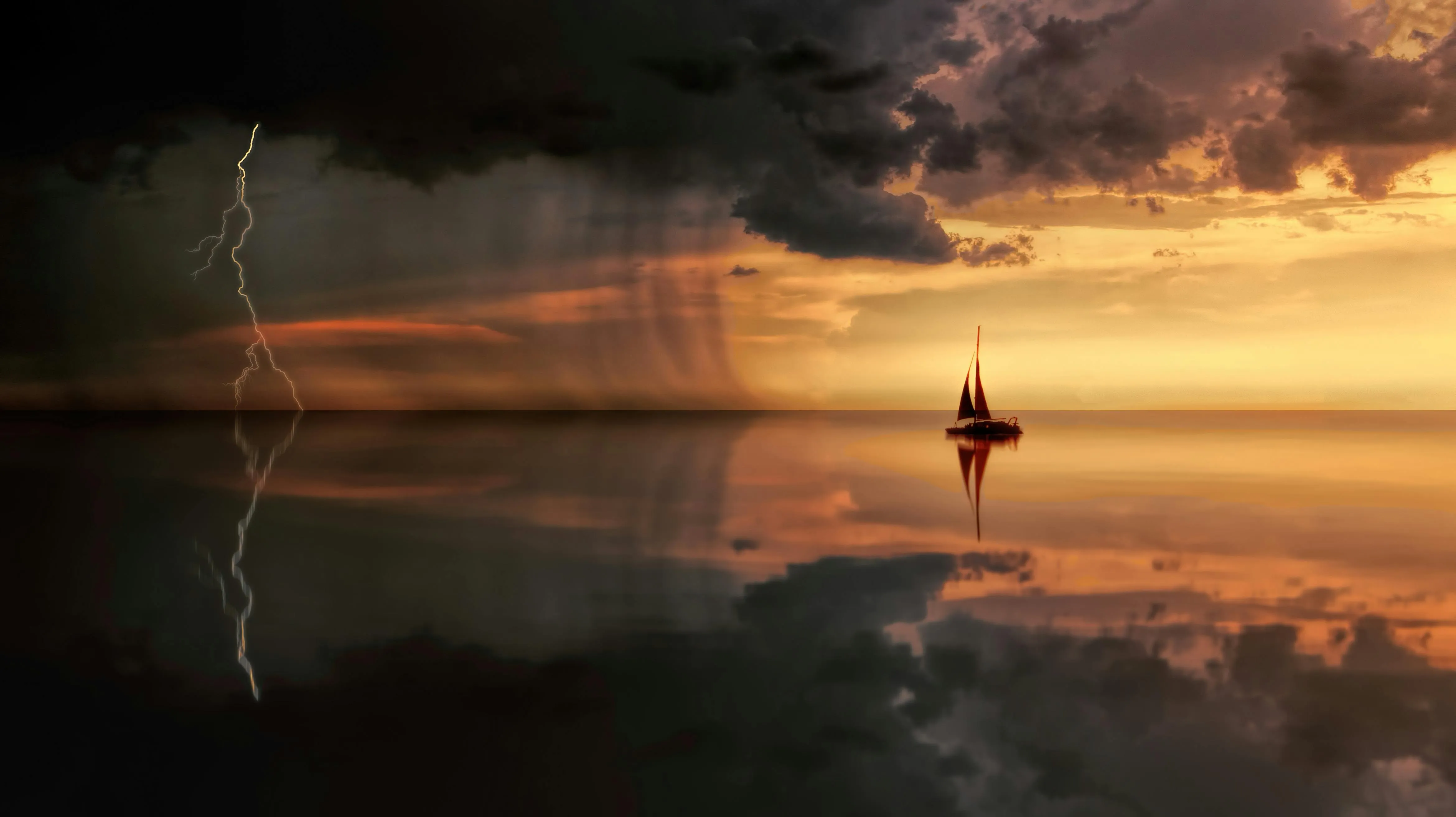 Sailing Calmly Toward Sunset As Storm Gathers Behind