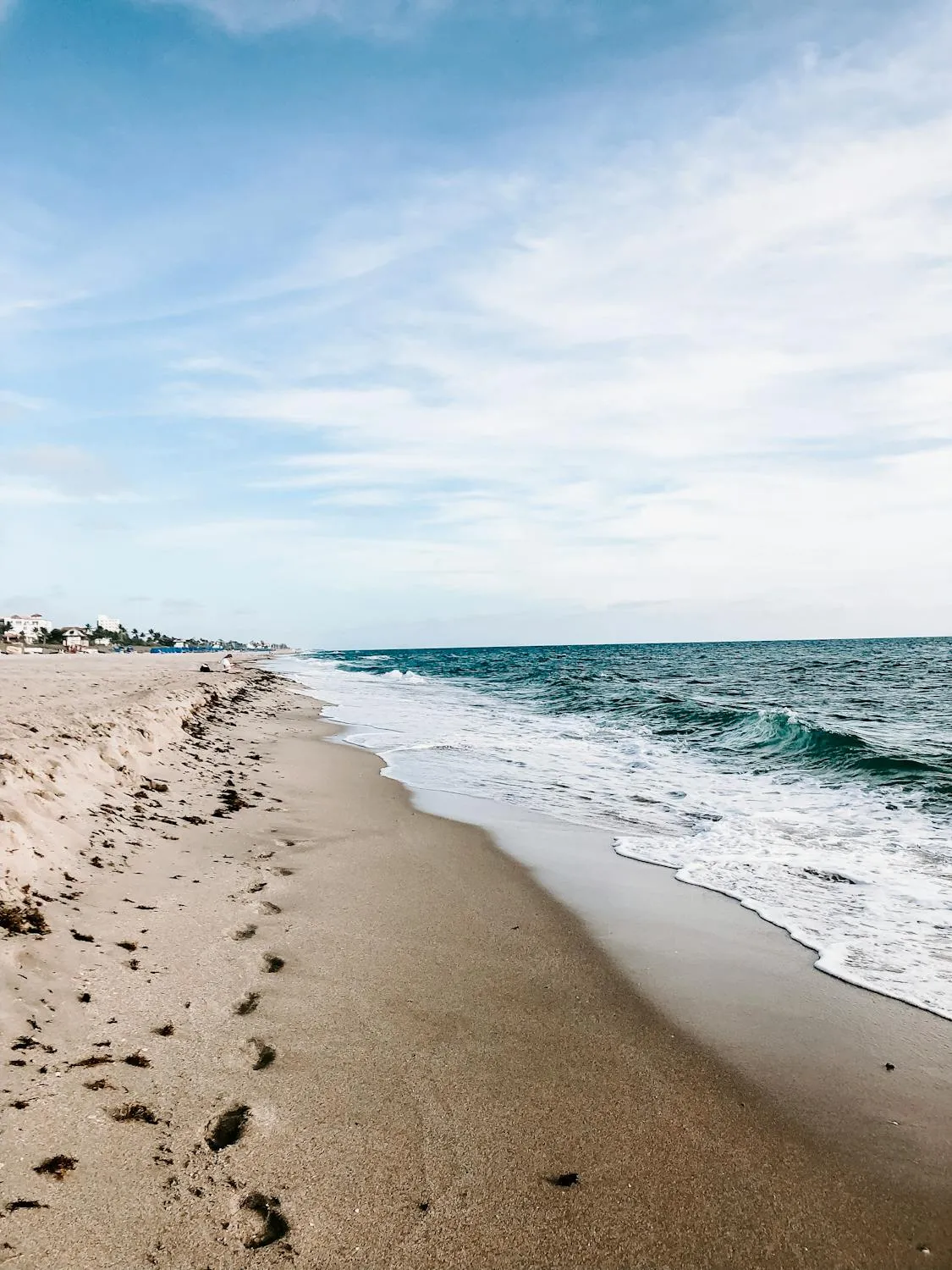 Sandy Beach Shoreline with Calm Ocean and Blue Sky Image