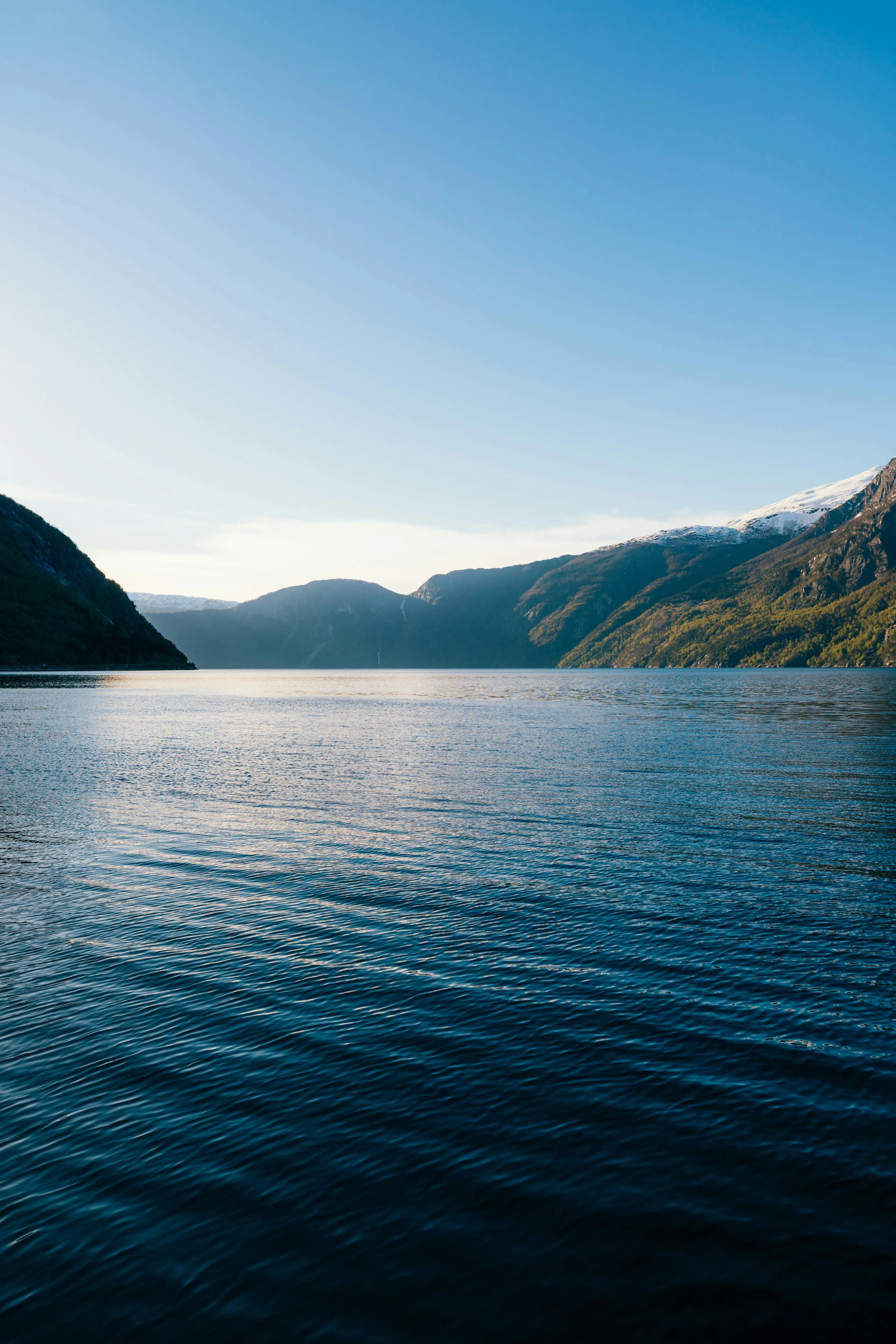 Serene Lake Surrounded By Mountains Under Calm Blue Sky