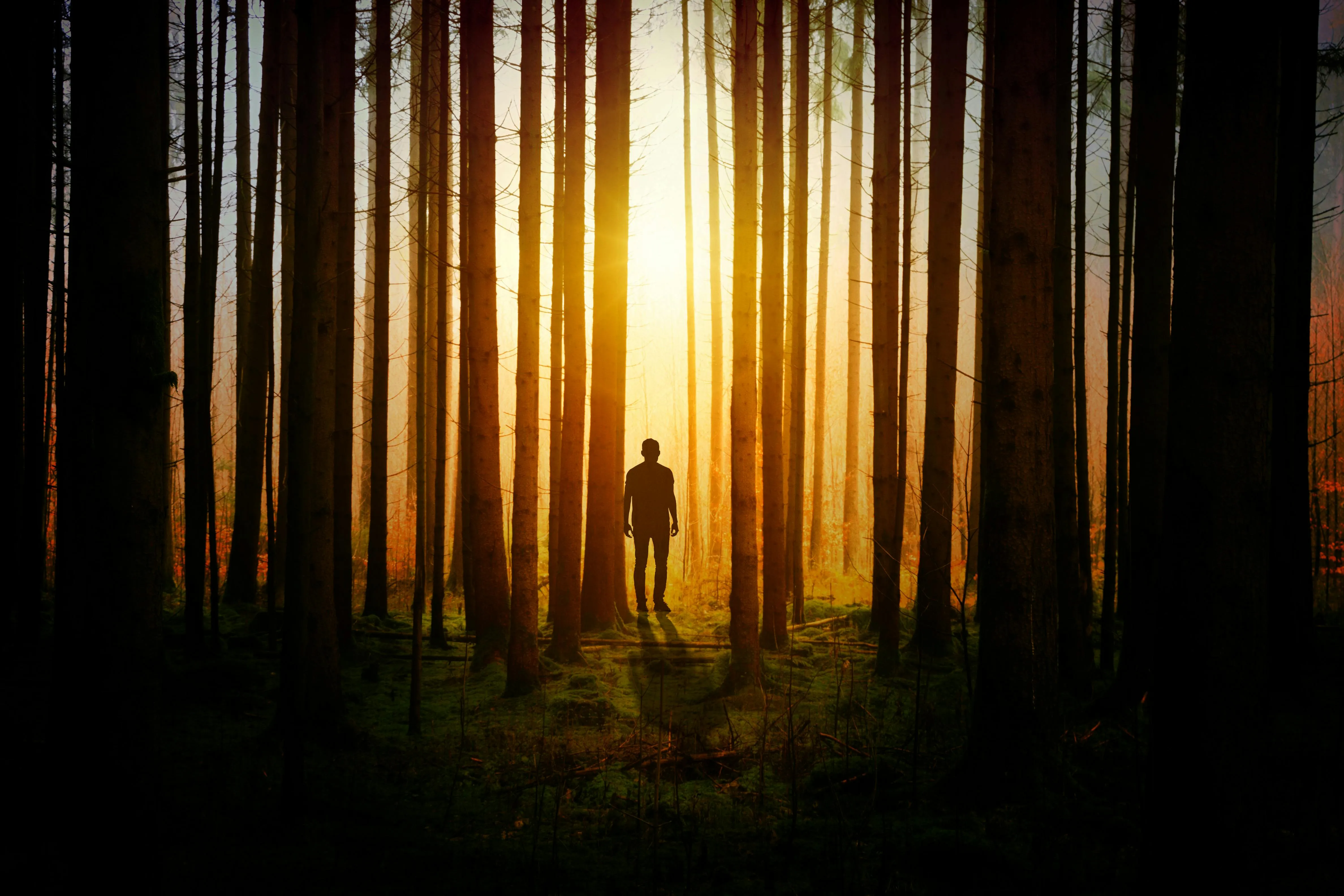 Silhouette of Person Standing in Golden Light Between Trees