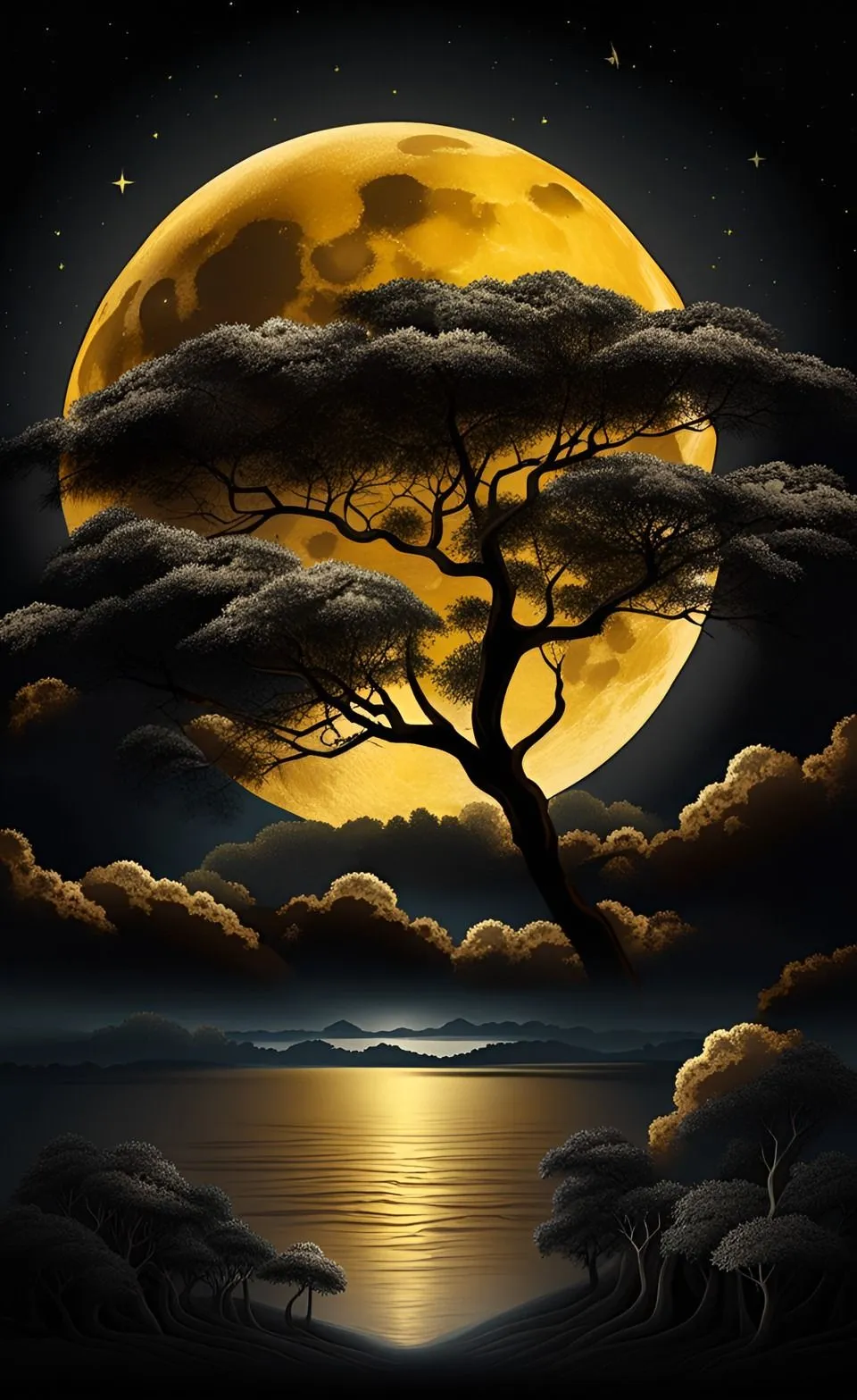 Silhouette Tree Against Full Moon and Cloudy Night Sky