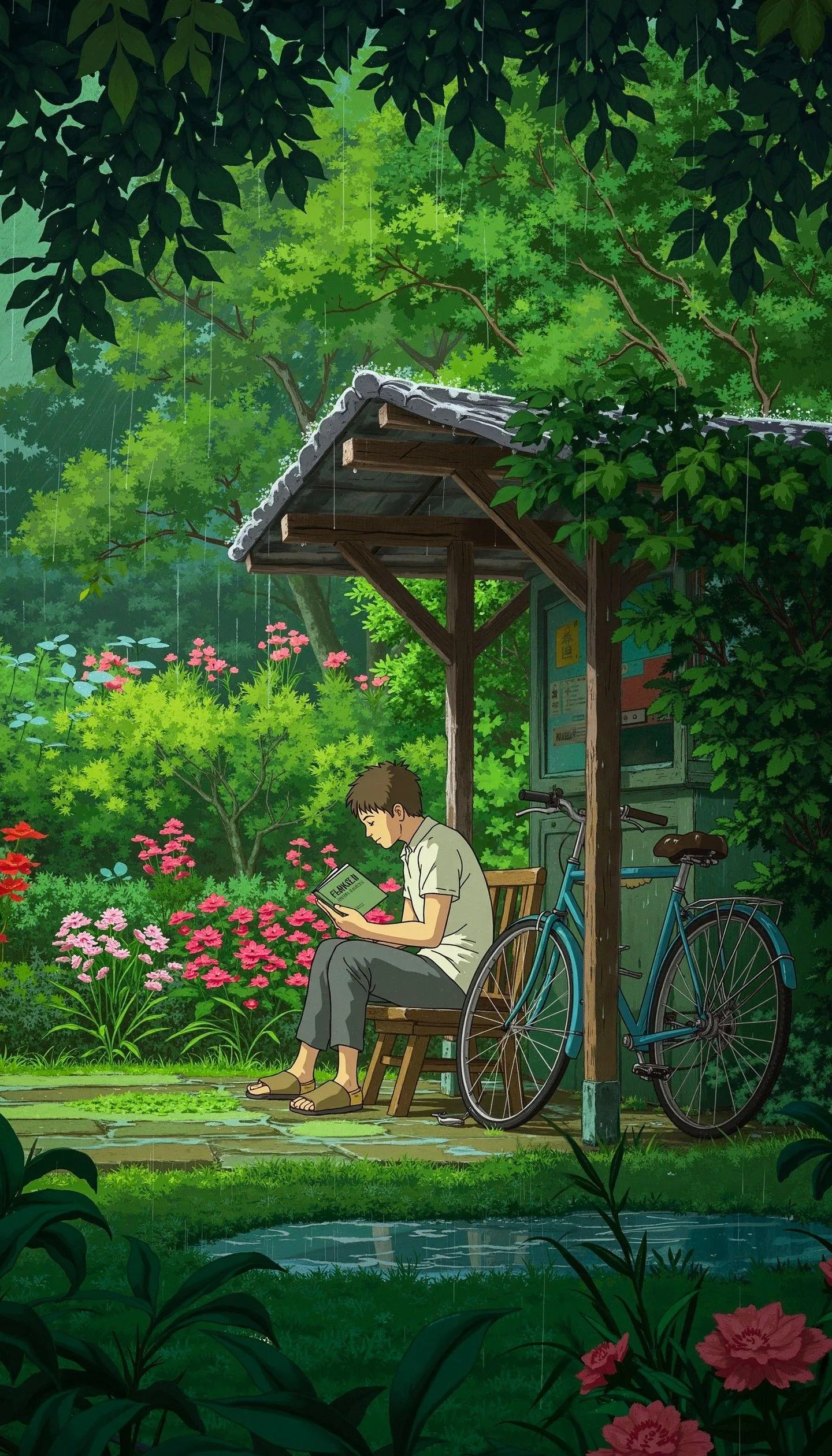 Small Birdhouse in Rain Soaked Garden Surrounded By Green