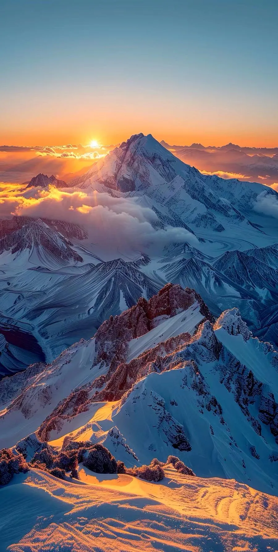 Snow Covered Mountain Peaks Under a Glowing Sunrise