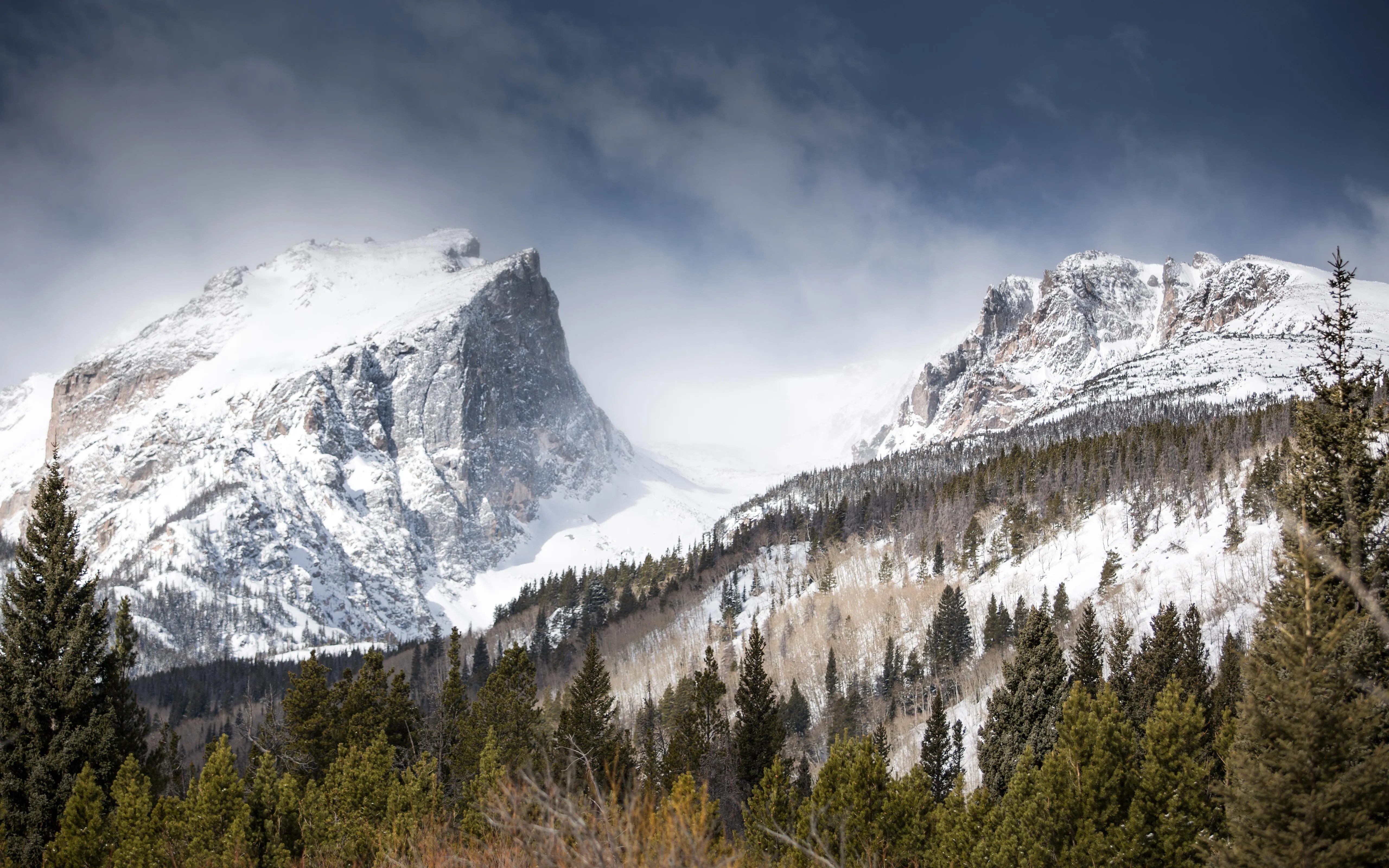 Snowy mountain peaks with deep rocky ridges image