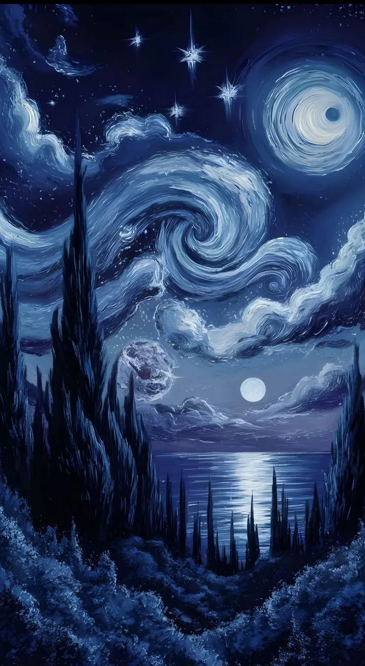 Starry Night Inspired By Van Gogh with Swirling Clouds