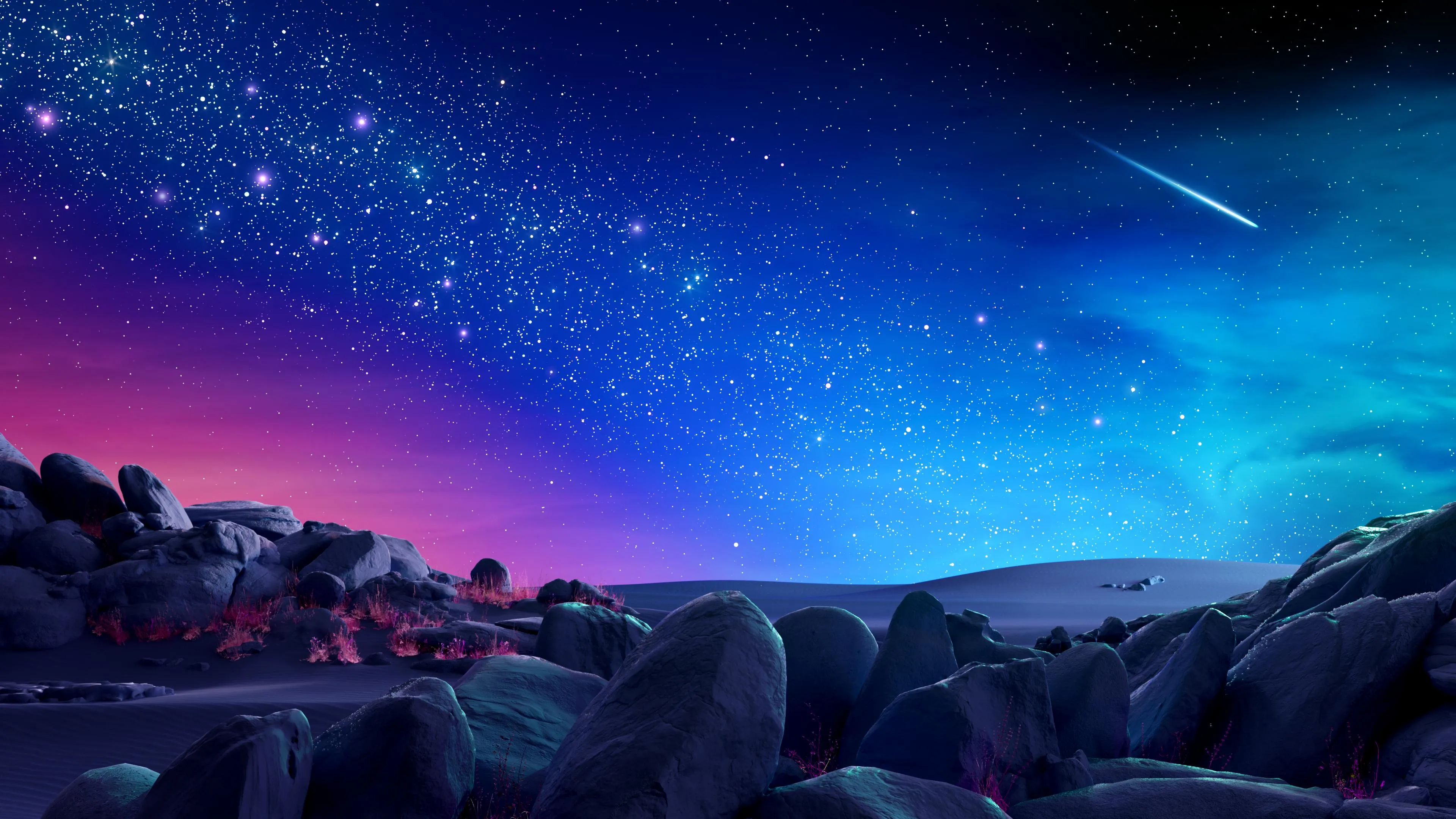 Starry night sky over dark forest landscape Wallpaper