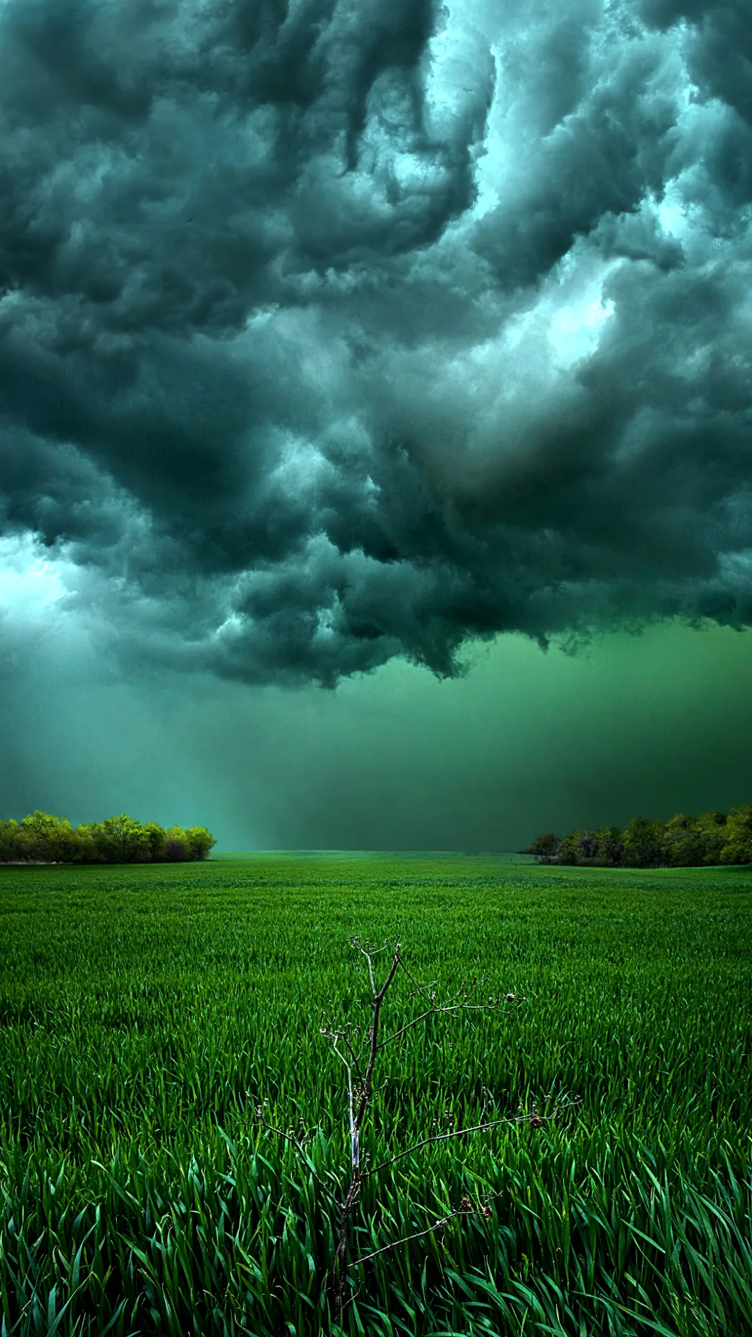 Storm Clouds Gathering Over Bright Green Grassy Field