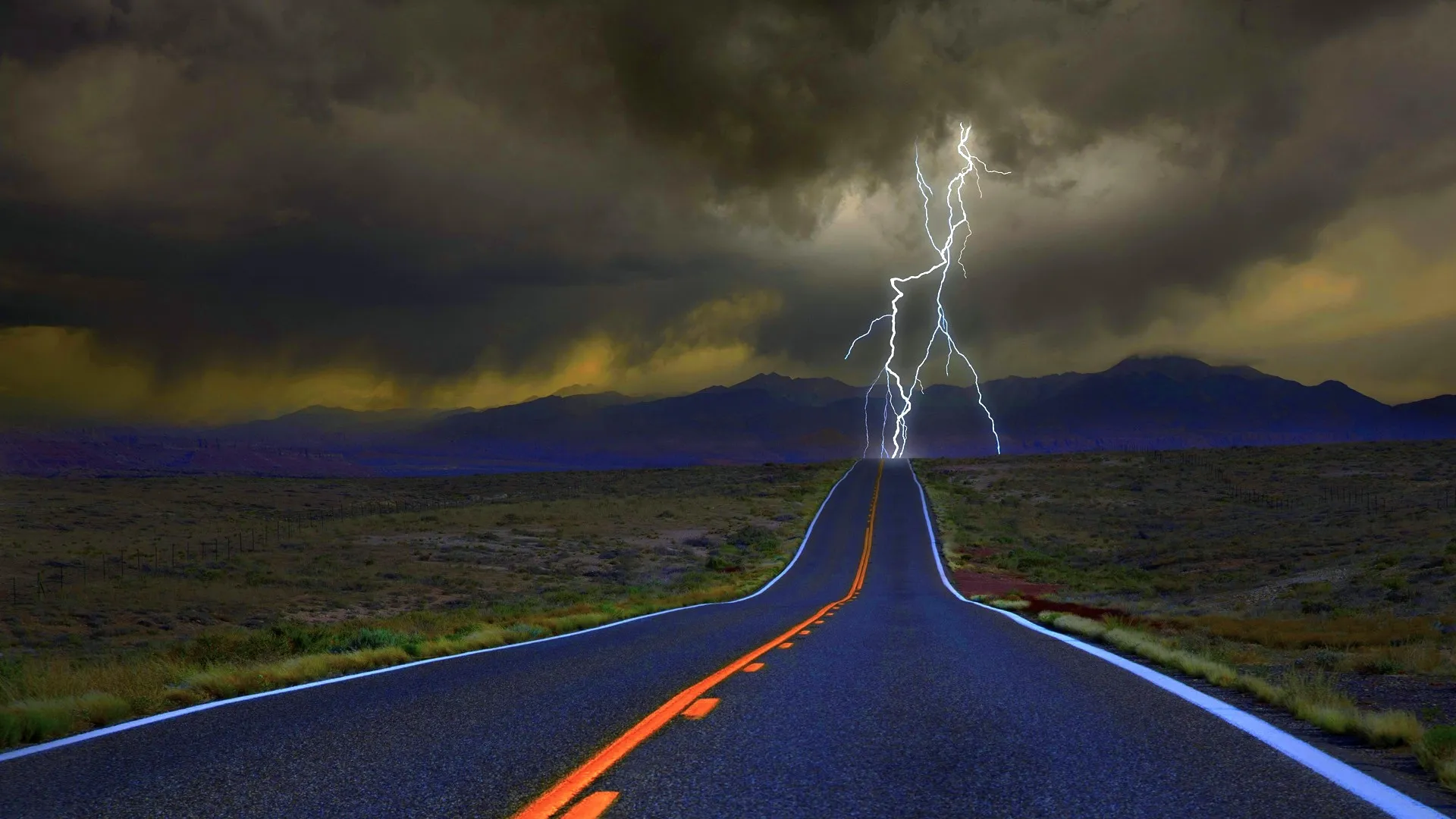 Stormy Road with Lightning and Dramatic Cloud Formation HD
