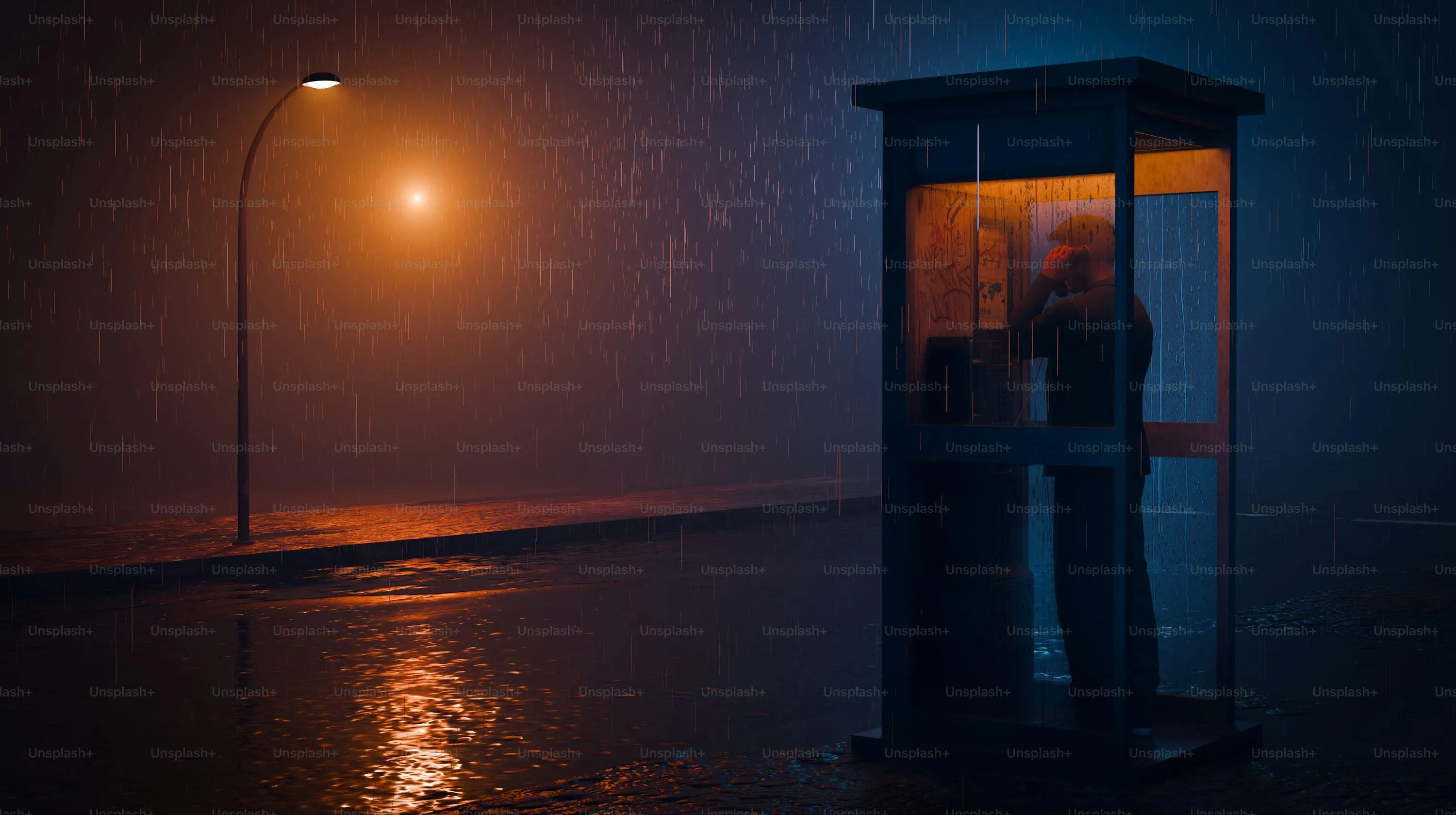 Street Lamp Shining on Sidewalk During Rainy Night