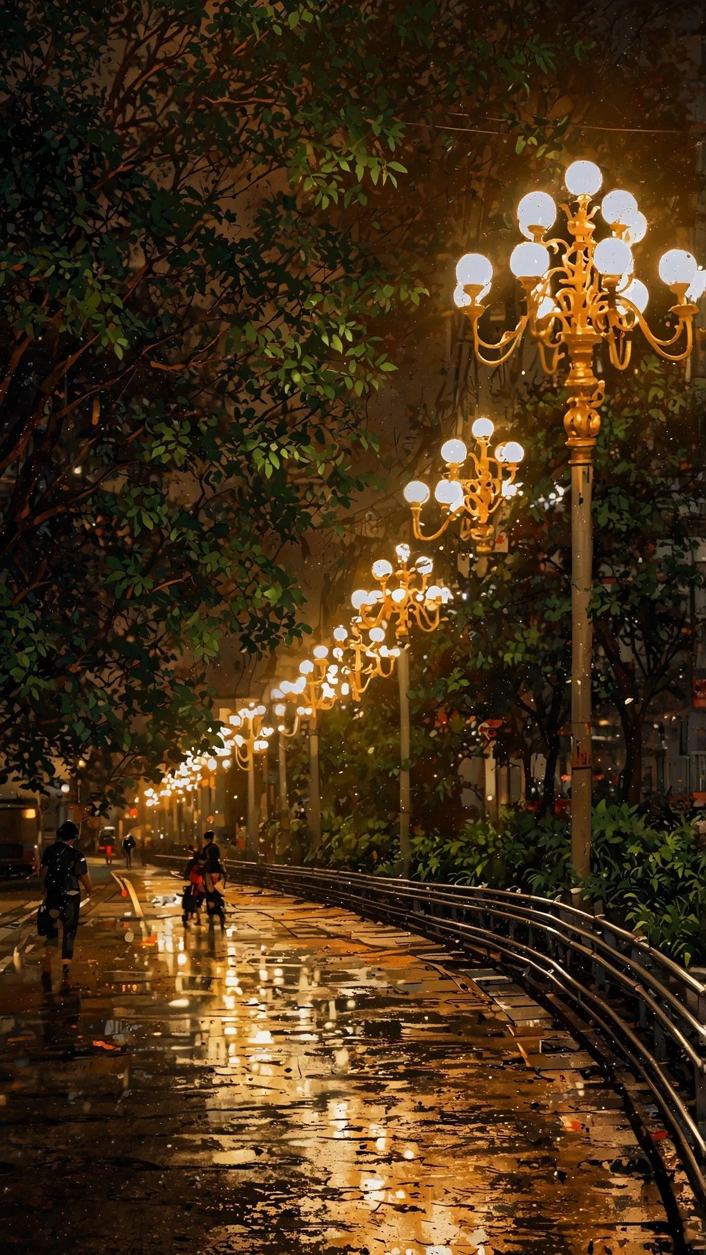 Street Lights Glowing Through Rainy Night Fog Wallpaper