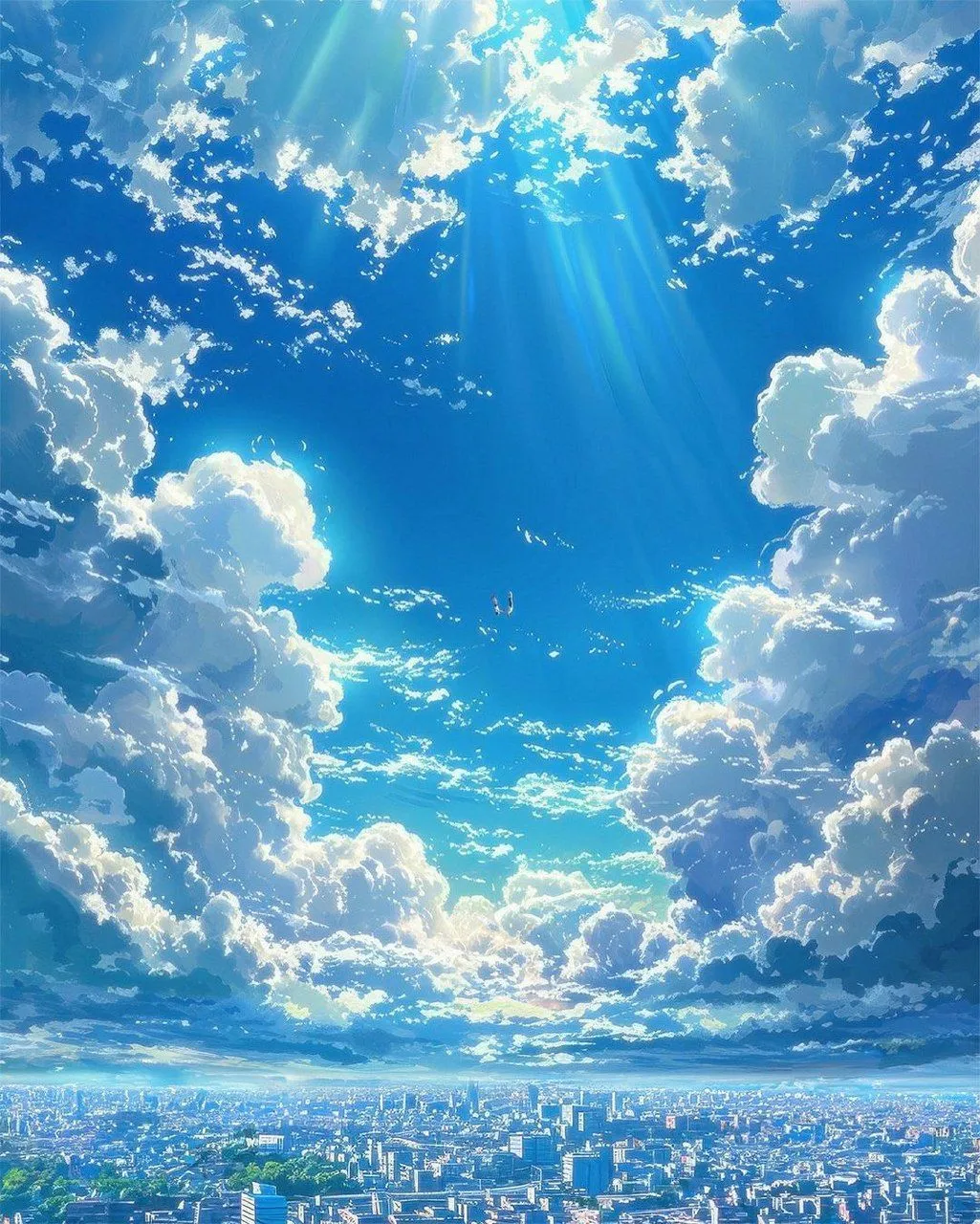 Sun Rays Shining Through White Clouds on a Bright Blue Sky