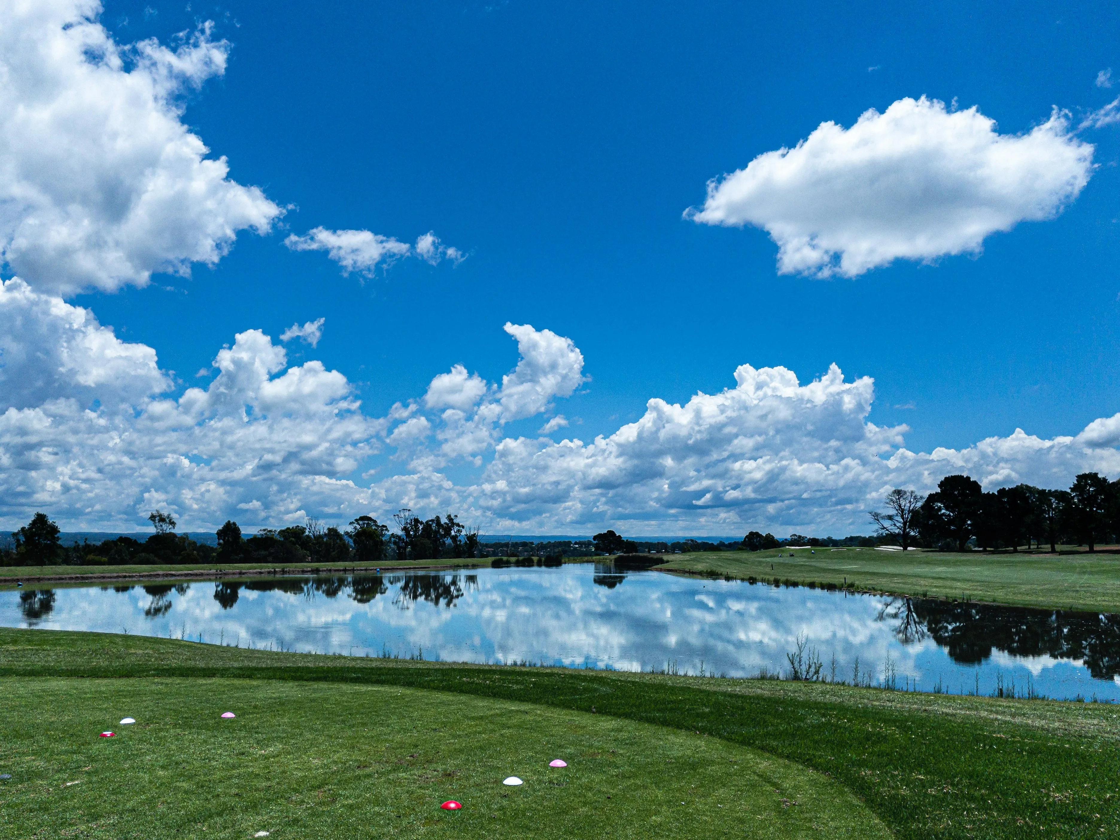 Sunny Day with Blue Sky White Clouds and Green Grass Field