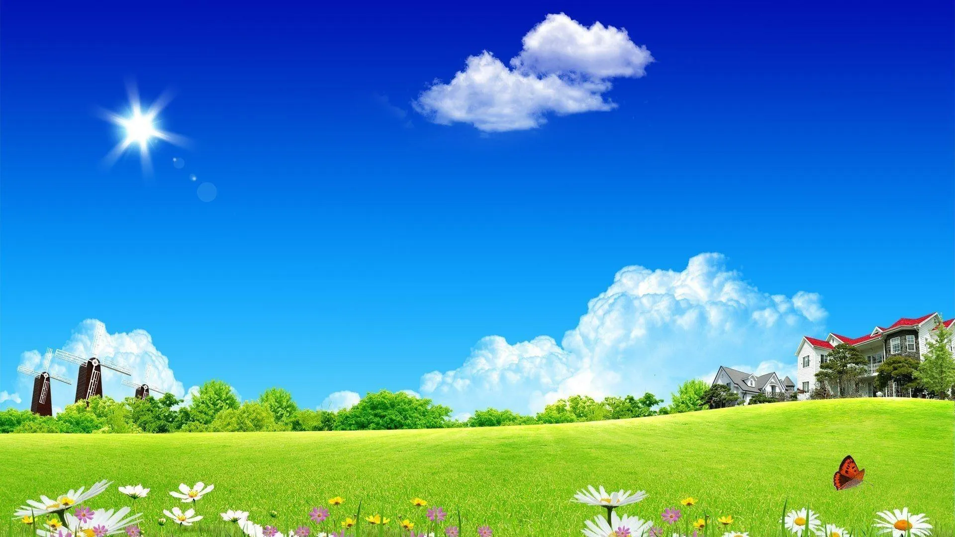Sunny Day with White Clouds Over Green Grass and Blue Sky