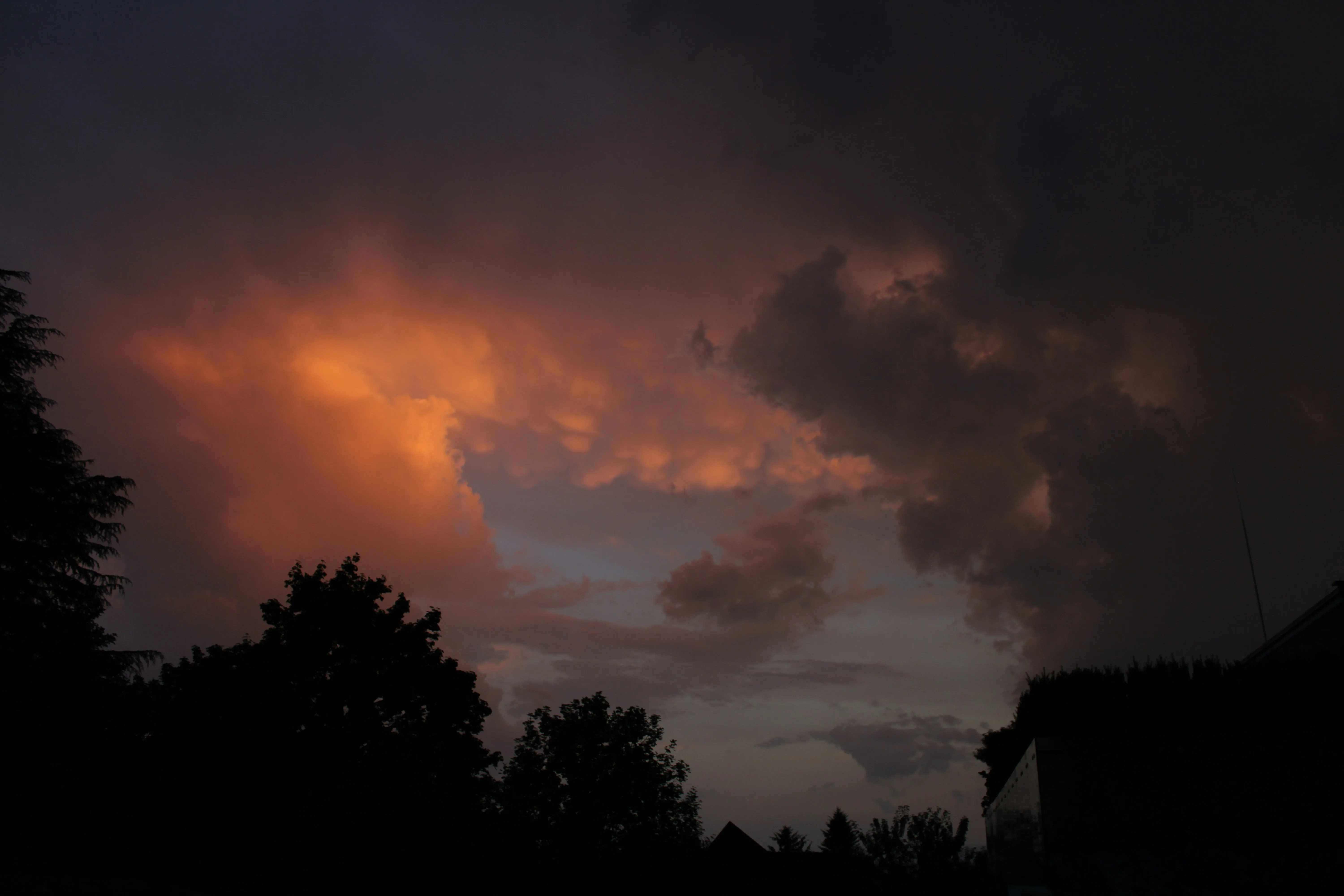 Sunset Clouds Casting Orange Glow Over Silhouetted Trees
