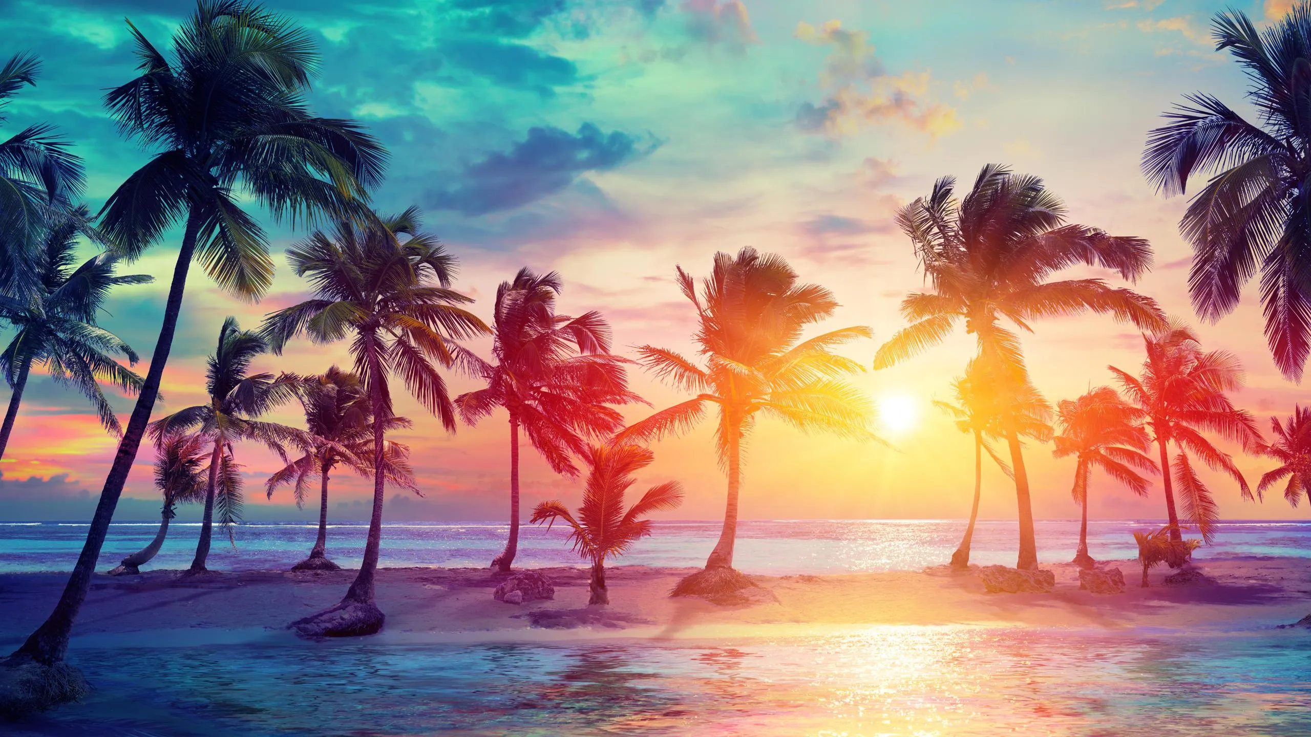 Sunset over tropical beach with palm trees and calm waves