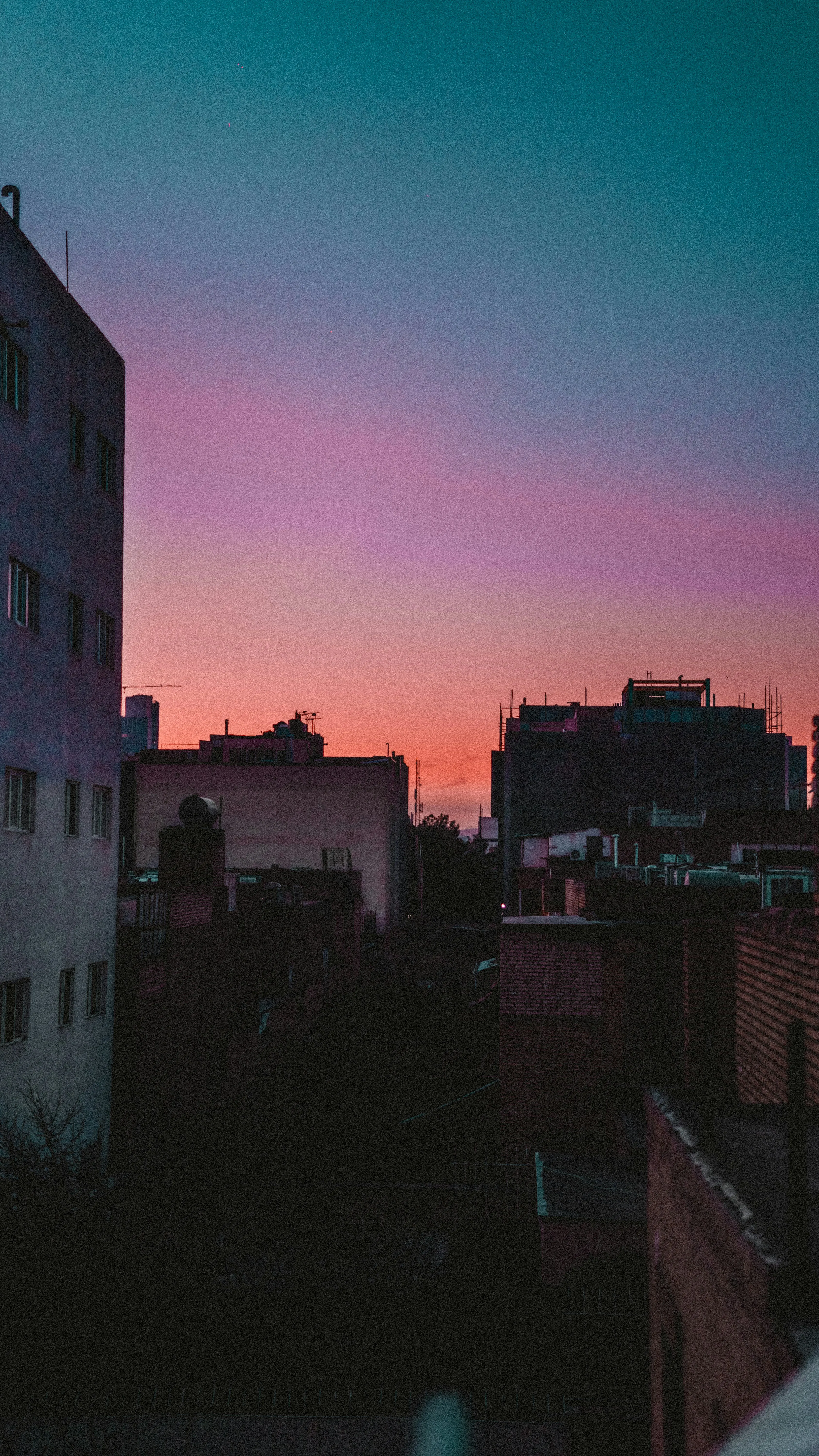 Sunset View Over City Rooftops with Pink and Blue Sky