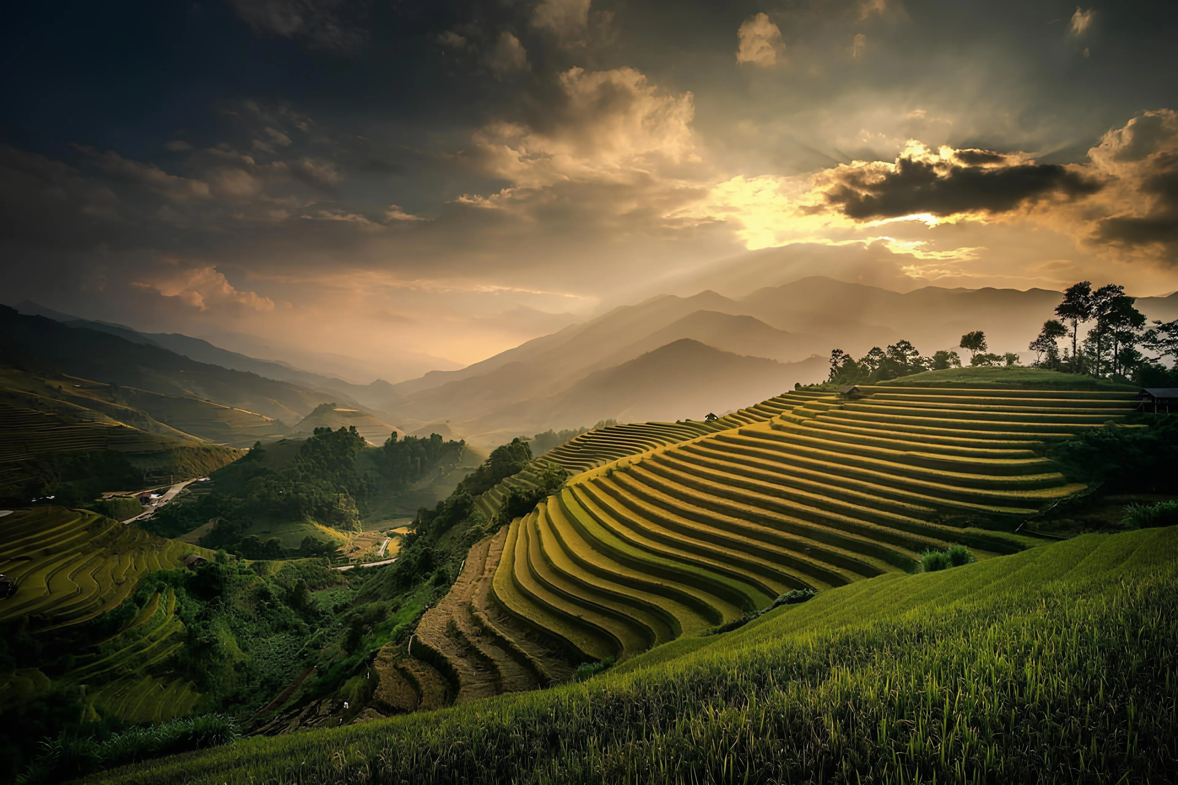 Terraced rice fields glowing under golden sunlight