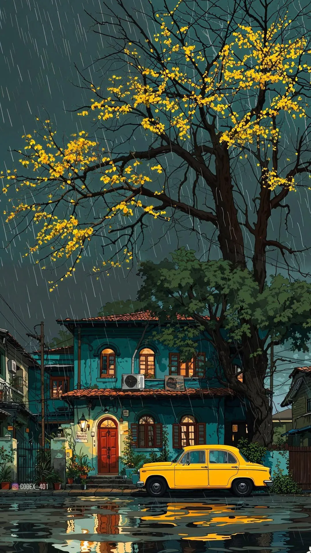 Traditional House Lit Up at Night Surrounded By Trees