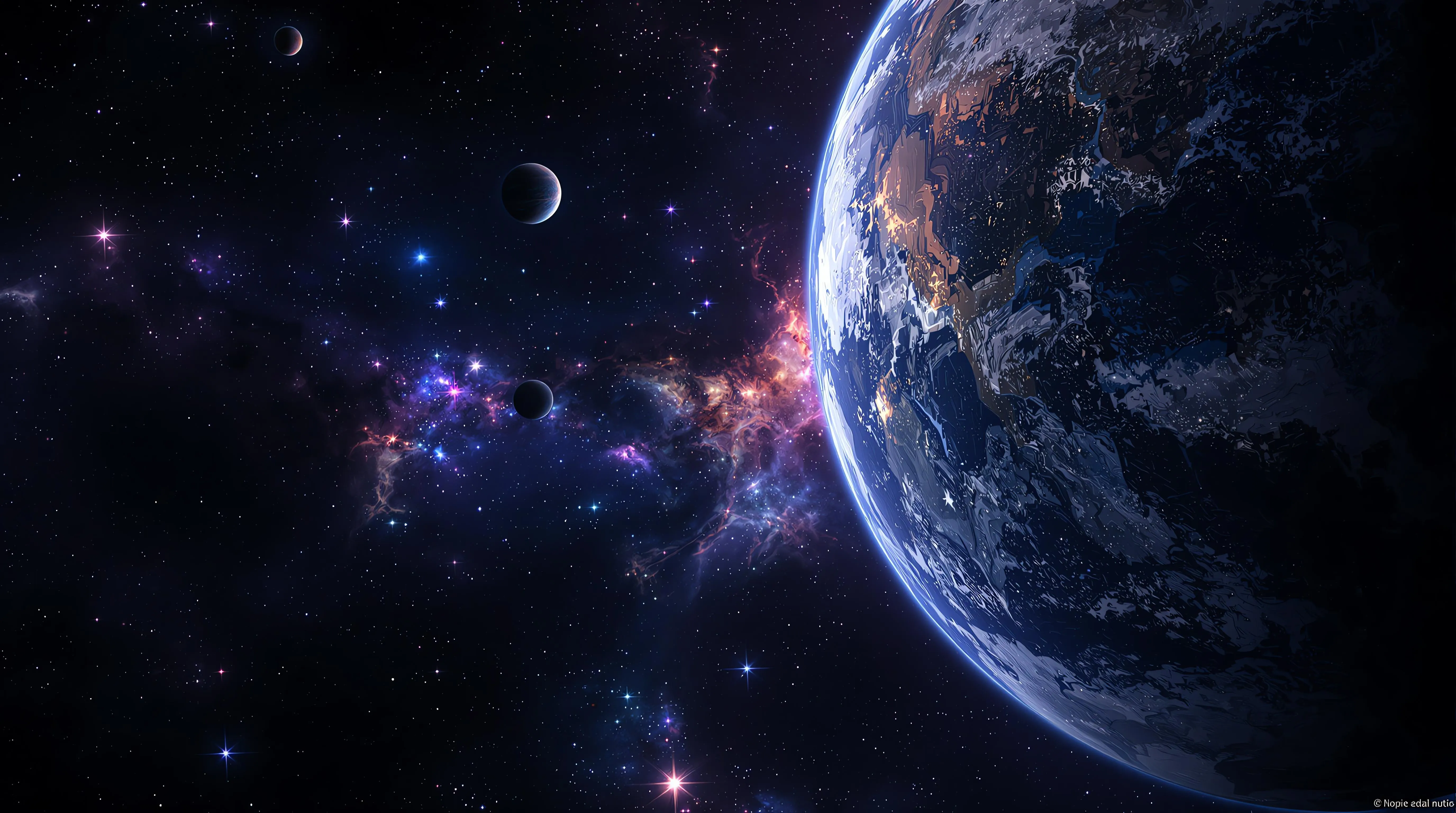 Vast space scene with distant planets and starry background