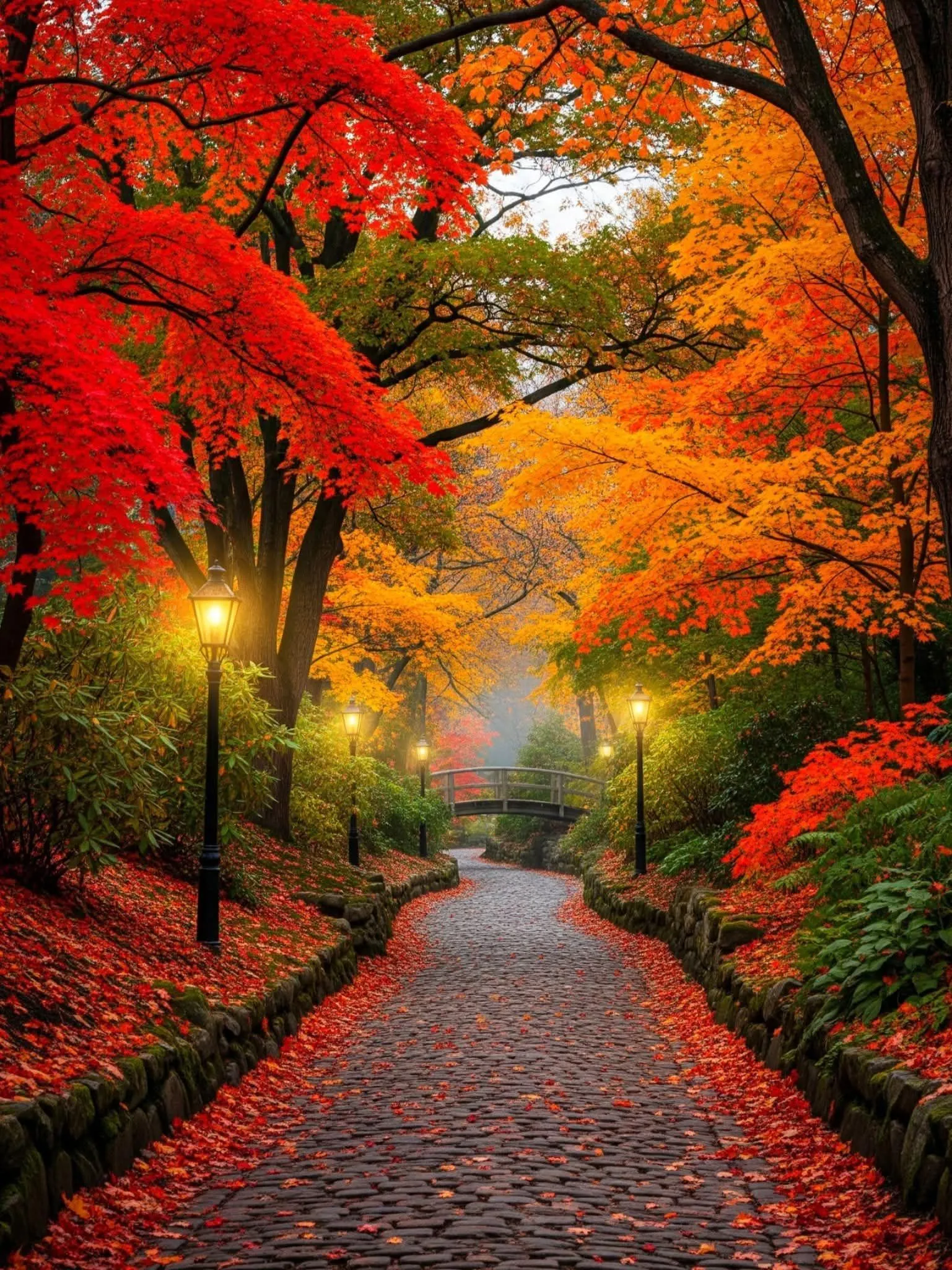 Vibrant Autumn Forest Path with Colorful Falling Leaves