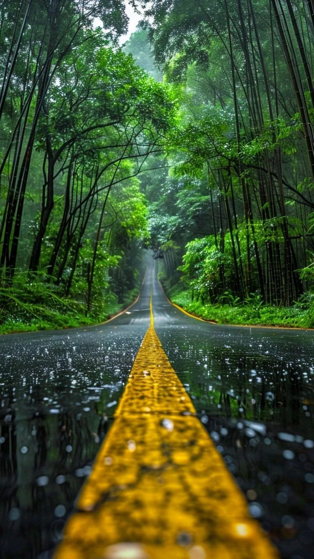 Walking Path Covered with Wet Yellow Leaves in Forest