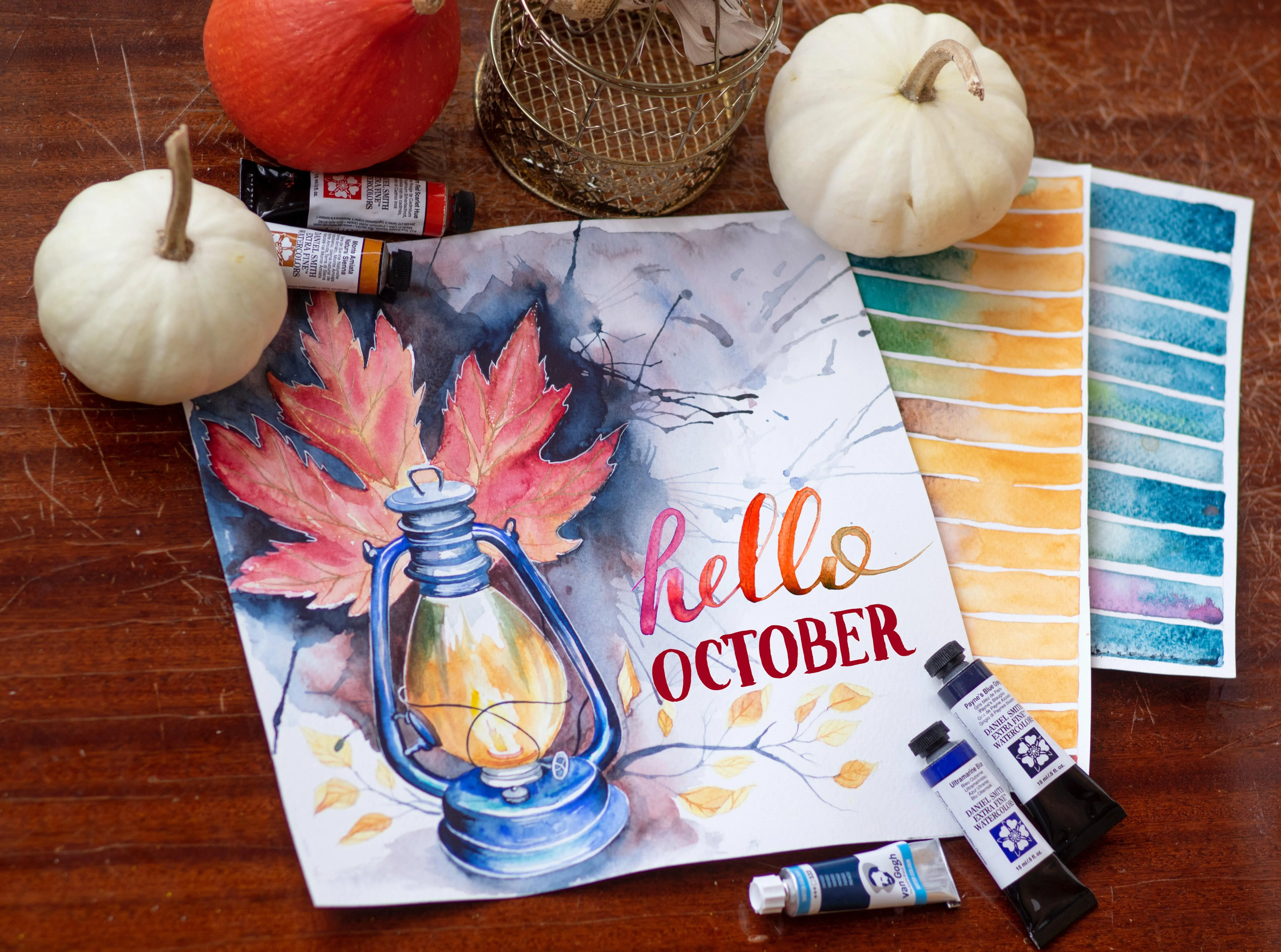 Watercolor Painting with Lantern and Hello October Text