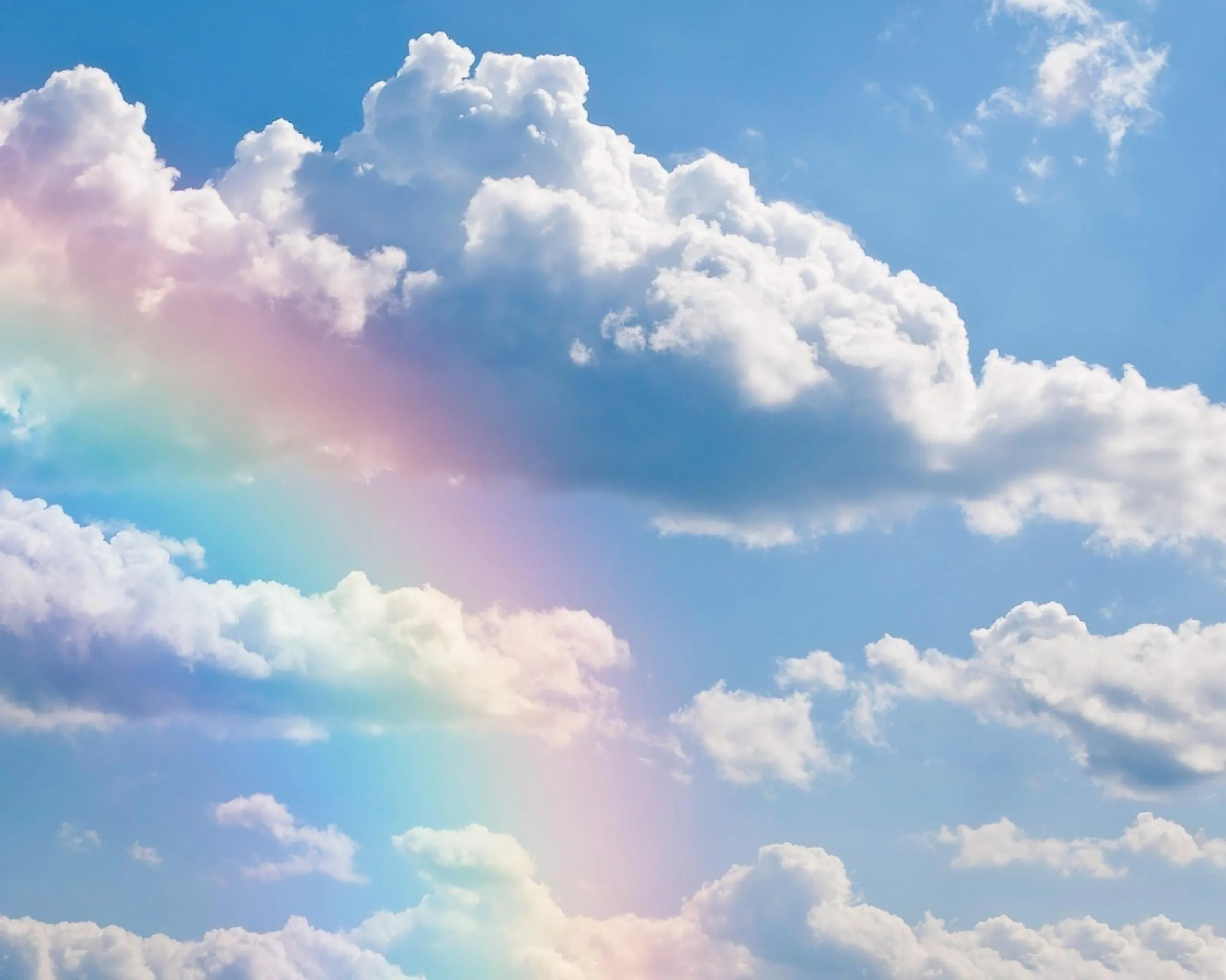 White Puffy Clouds with Bright Rainbow Arching Across Blue Sky