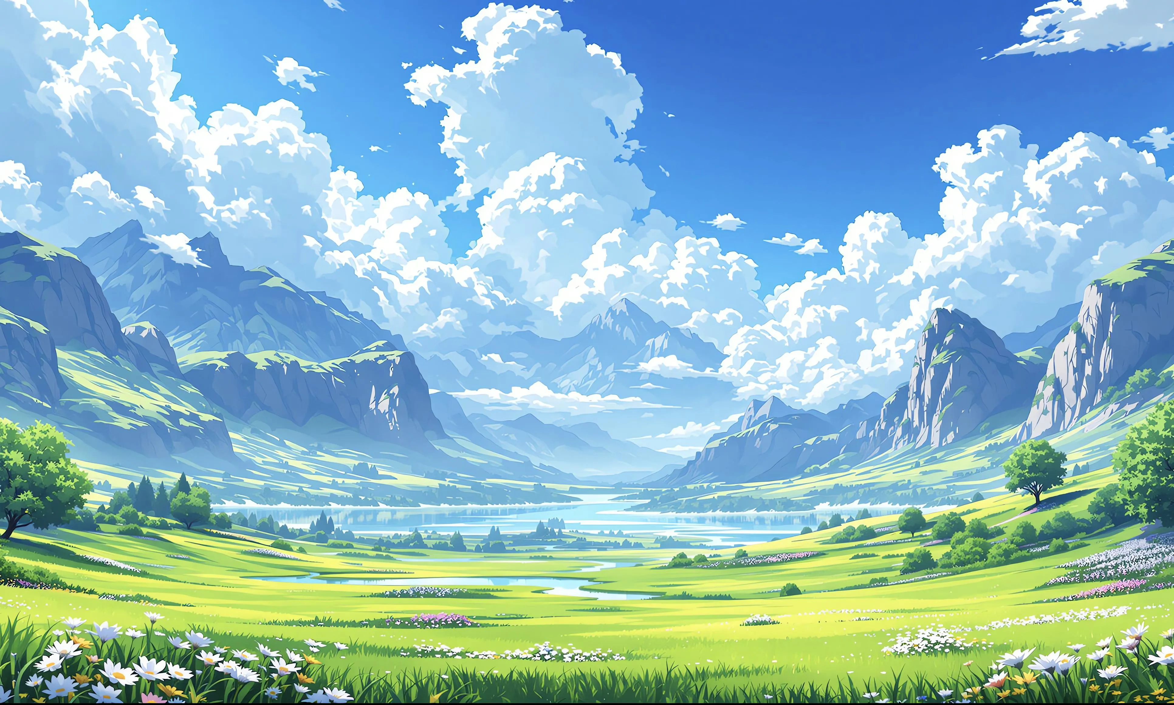 Wide green meadow and blue sky with scattered clouds