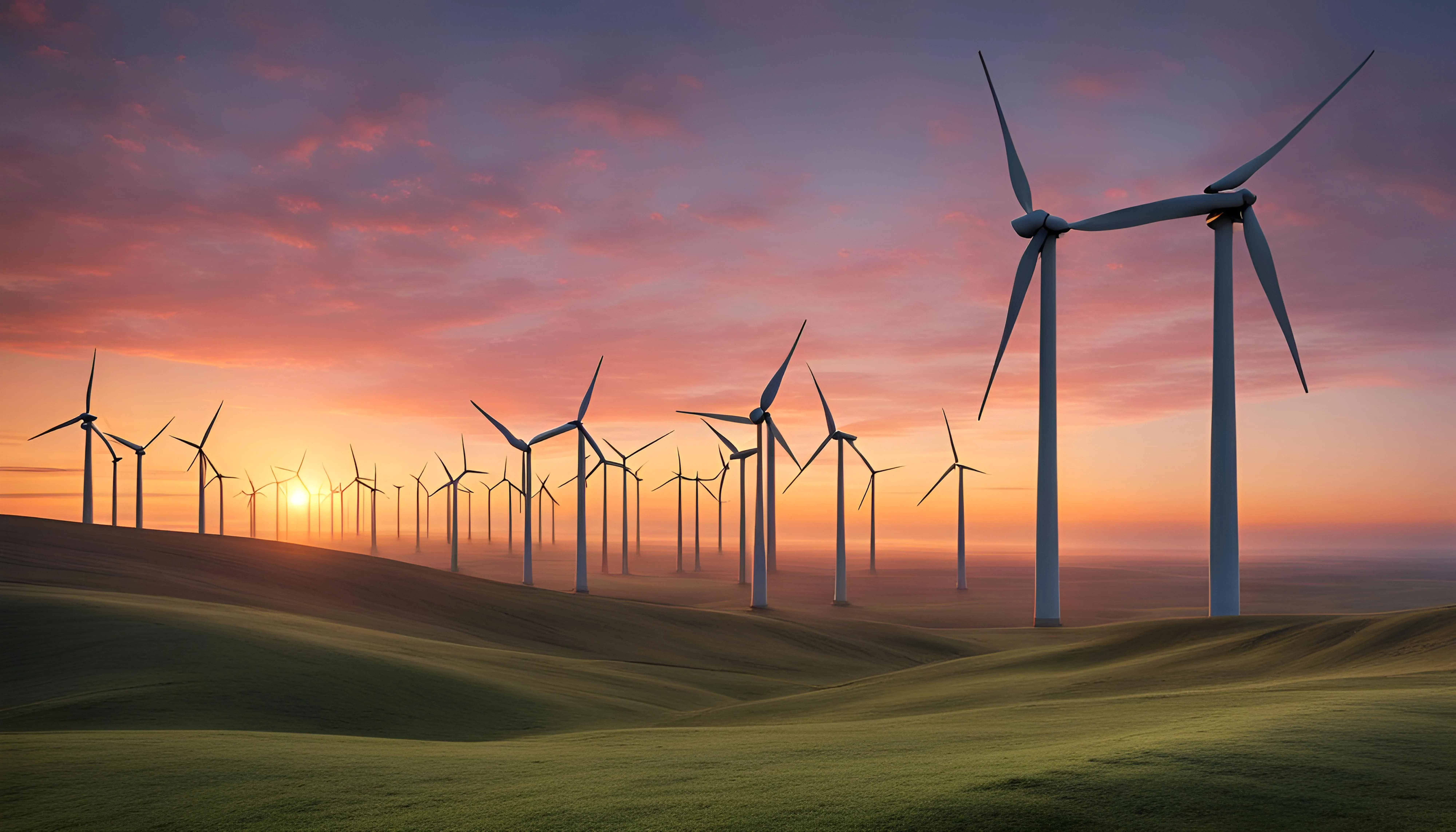 Wind turbines spinning during sunset in open field