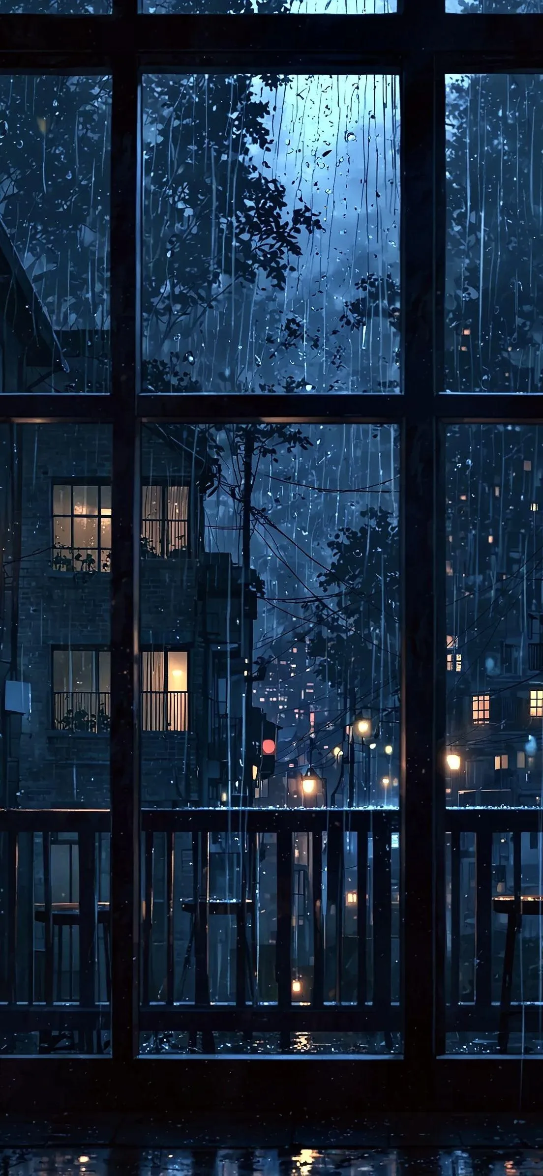 Window with Rain Droplets and Dark Cityscape Outside