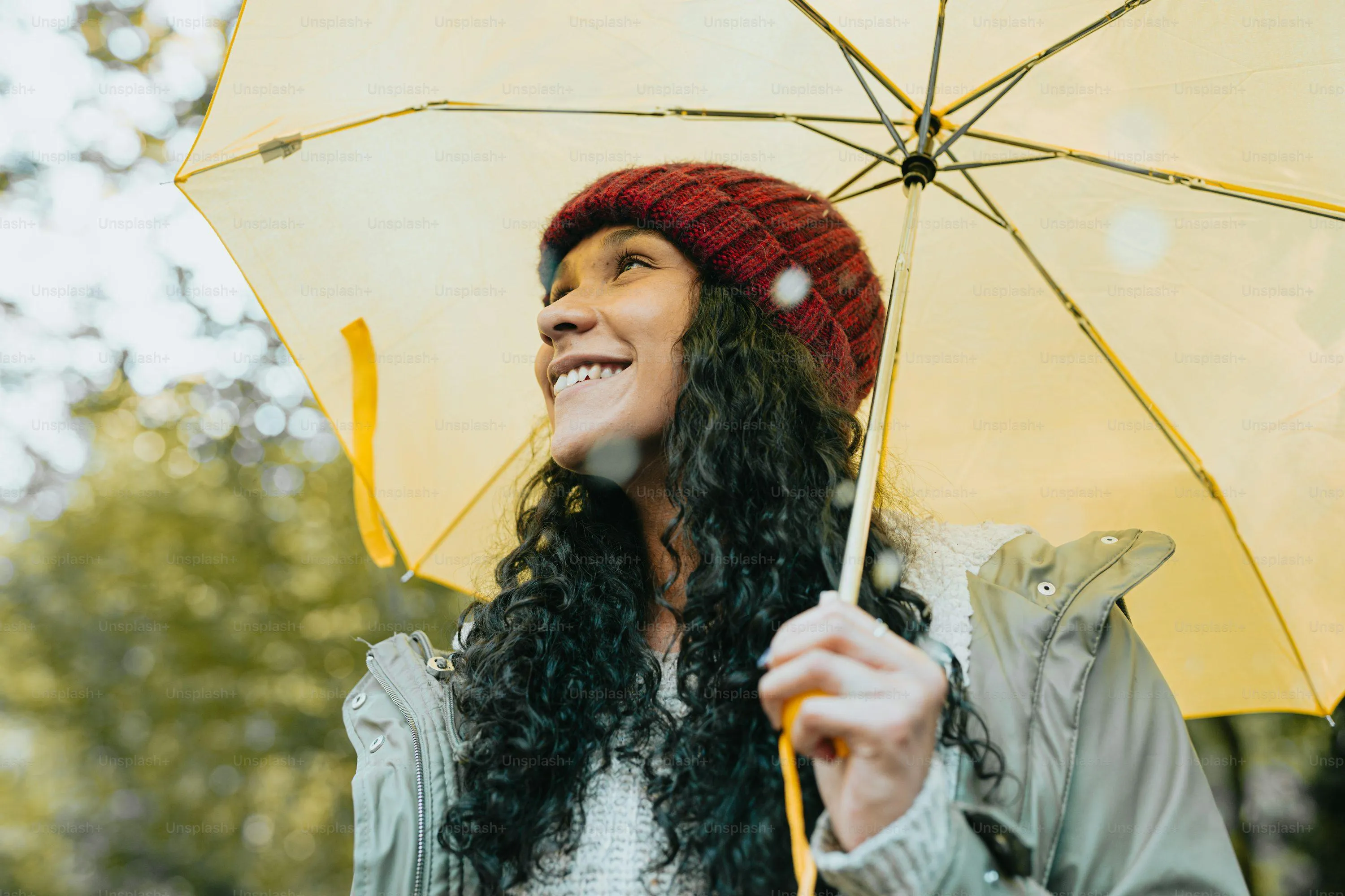 Woman Wearing Hat Holding Yellow Umbrella in Rain