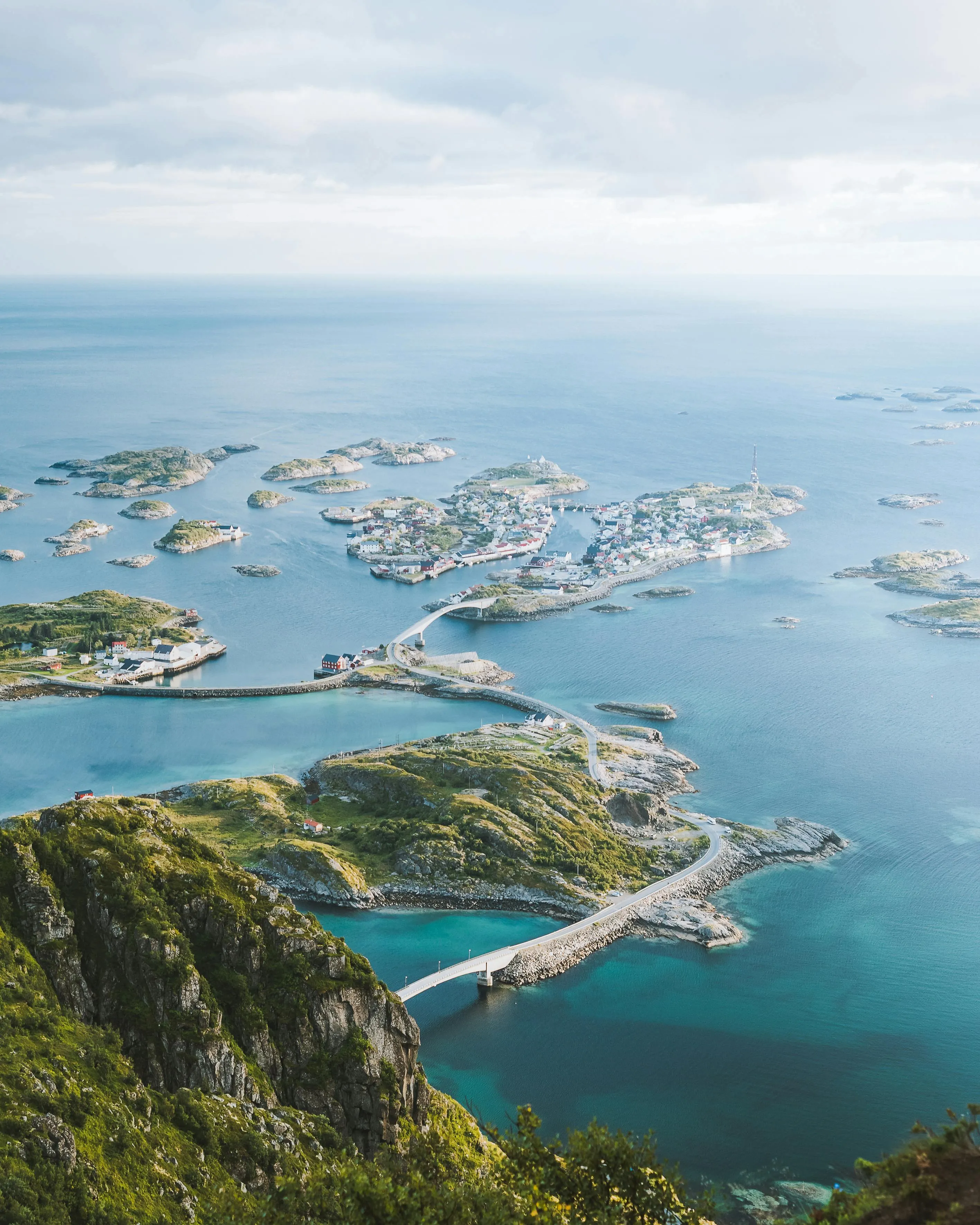 Aerial View of a Coastal Town and the Blue Sea with Islands