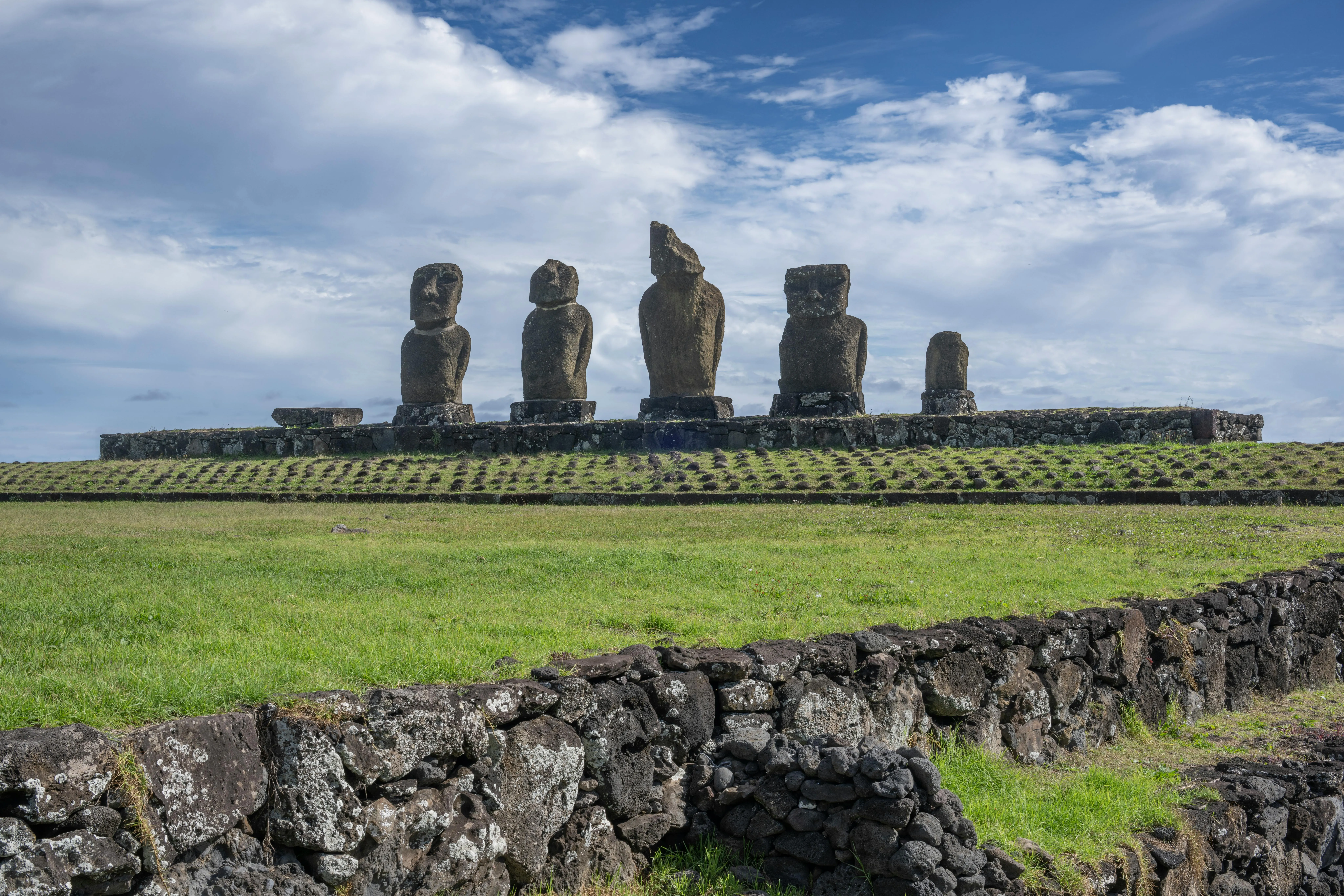 Ancient Moai Statues Lined Up on a Green Grassy Island